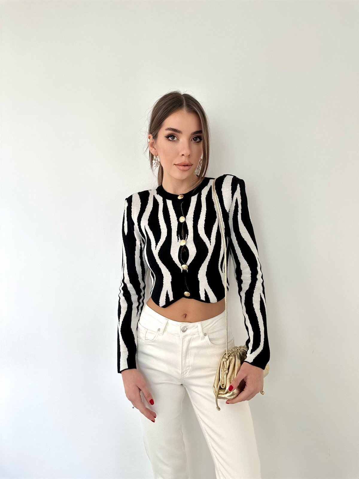 Zebra Desen Vatkalı Kısa Hırka Siyah