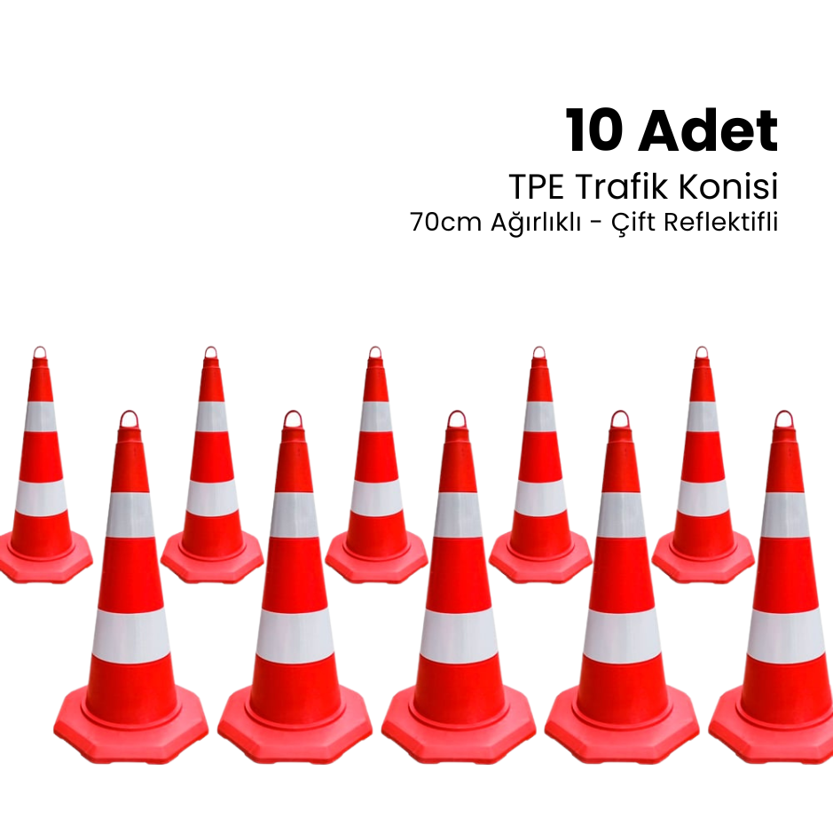10'lu TPE Trafik Konisi Seti 70 cm Çift Reflektifli Trafik Dubası
