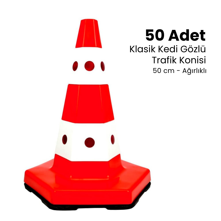 50'li Klasik Kedi Gözlü Trafik Konisi Seti 50 cm Ağırlıklı Trafik Dubası