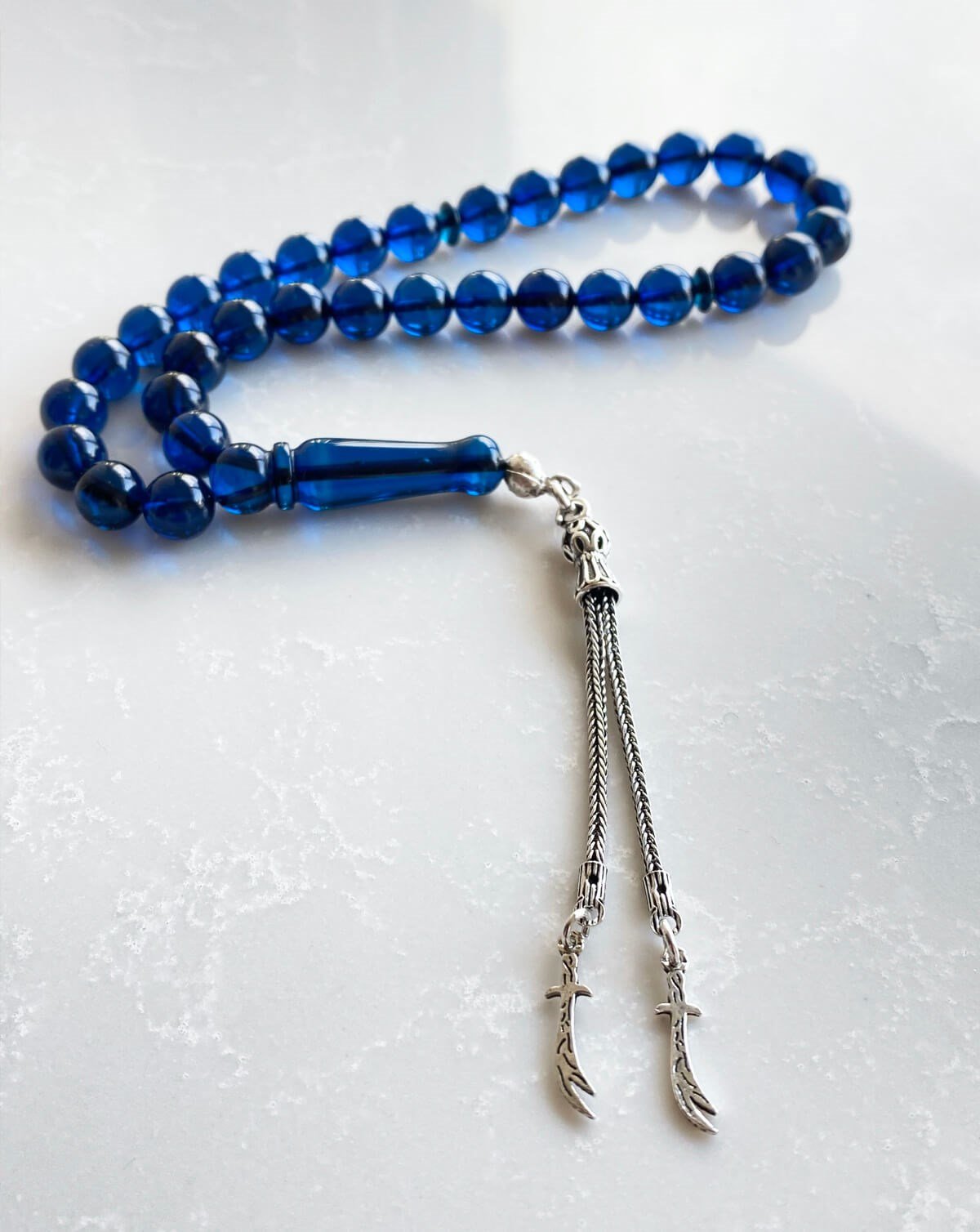 8 mm Küre Kesim Dominik Mavi Damla Kehribar Tesbih