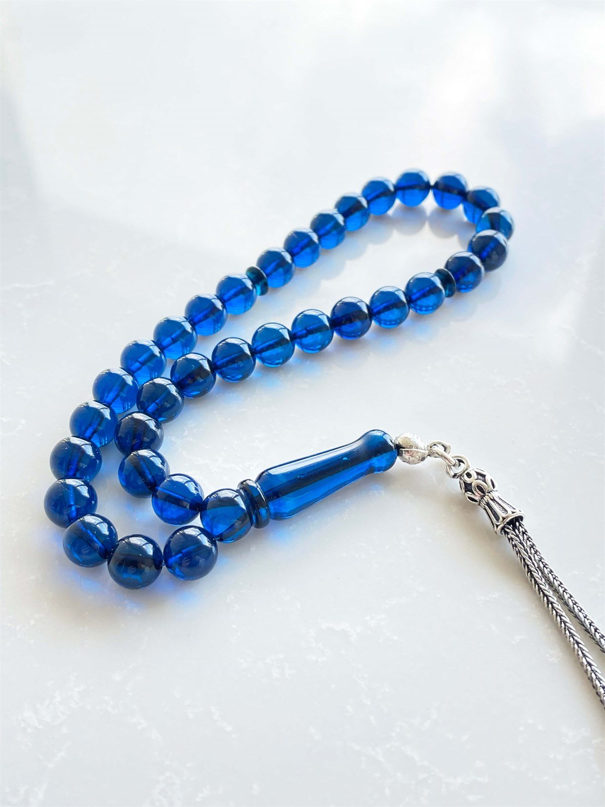 8 mm Küre Kesim Dominik Mavi Damla Kehribar Tesbih