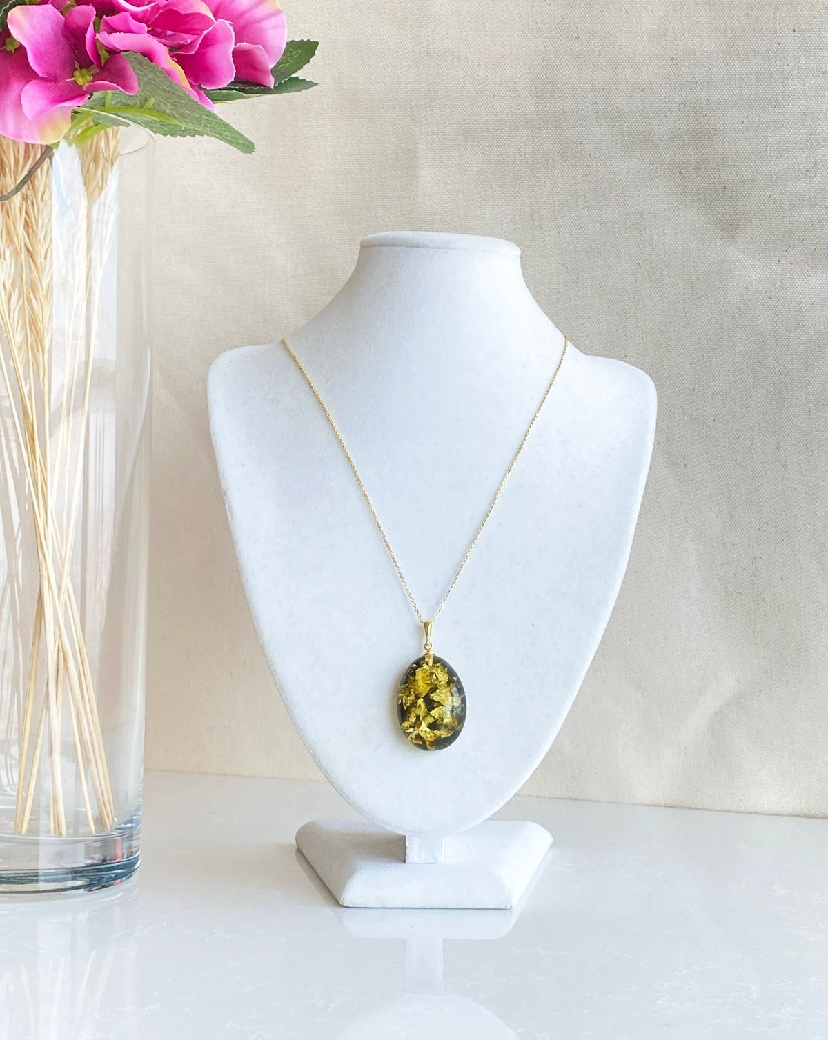 925 Ayar Gümüş Fosilli Kehribar Kolye