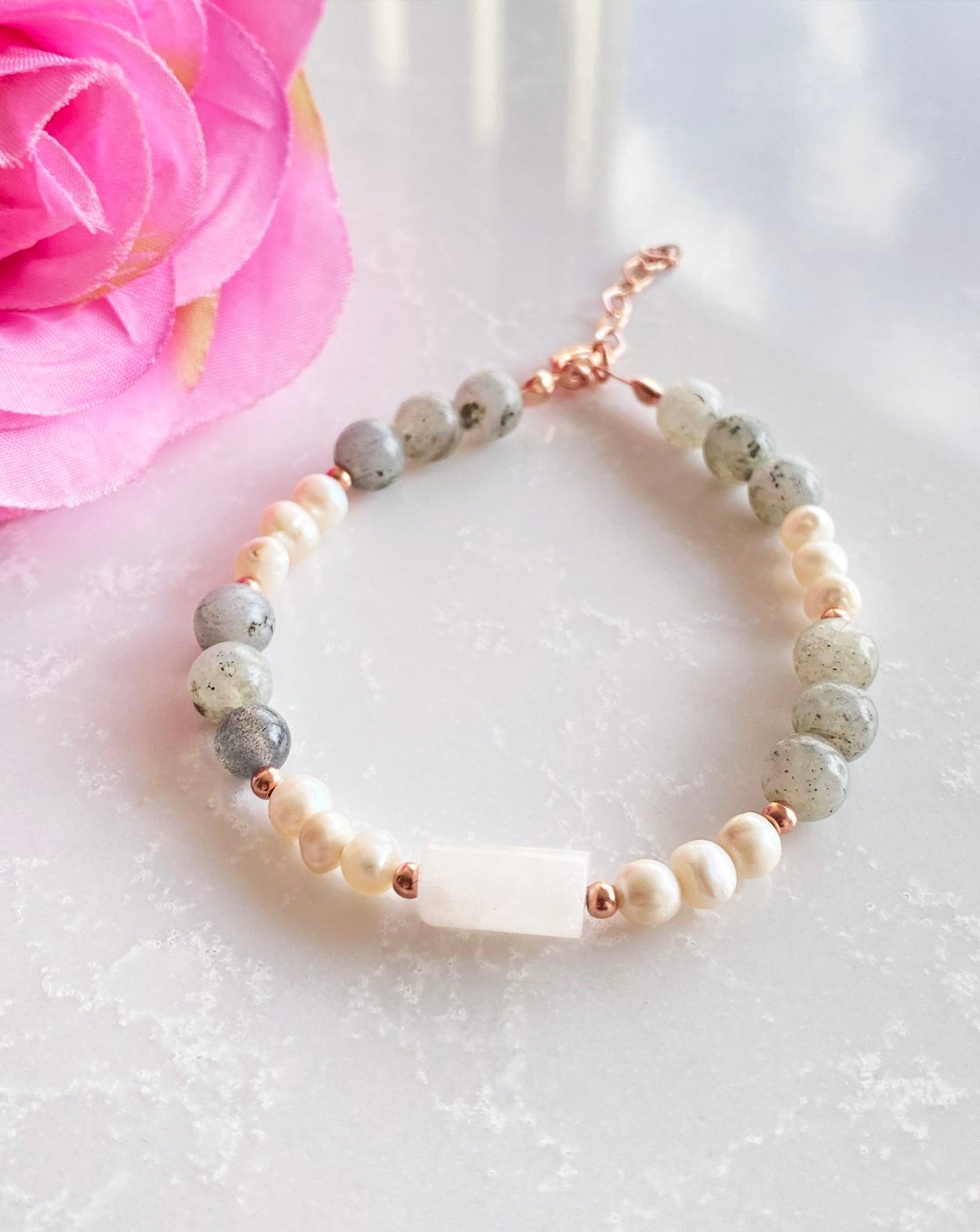 925 Ayar Gümüş İnci Quartz Labradorit Taşlı Doğal Taş Bileklik