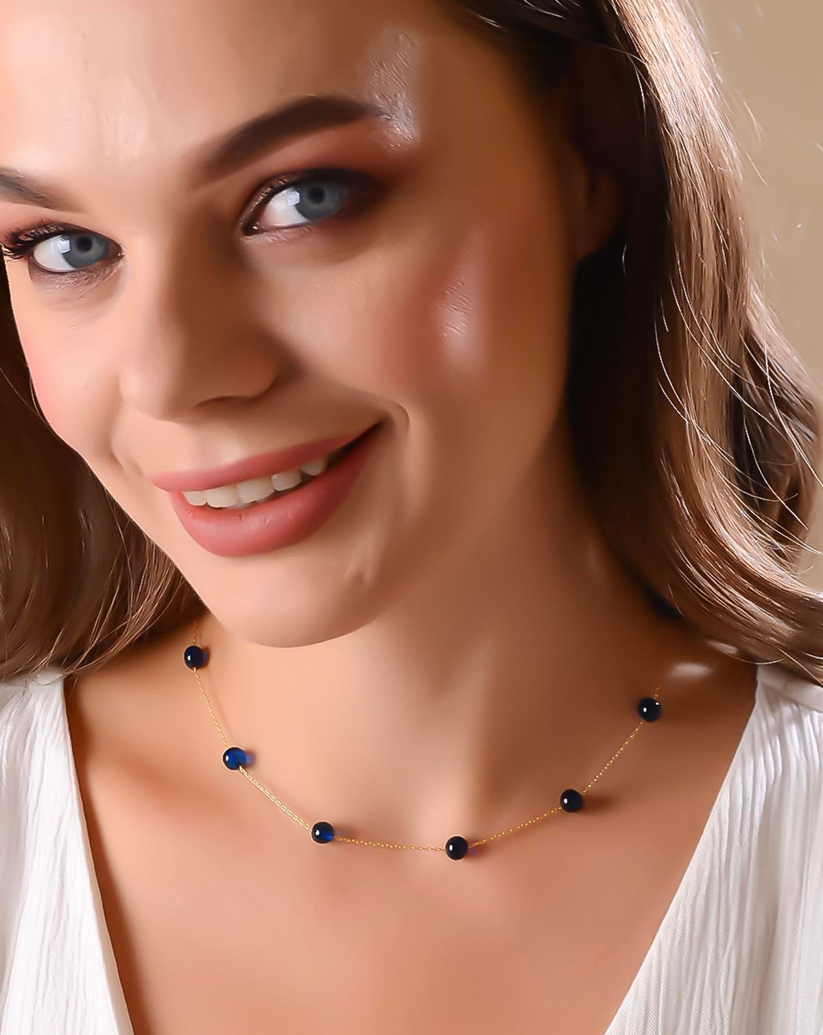 925 Ayar Gümüş Mavi Kehribar Kolye