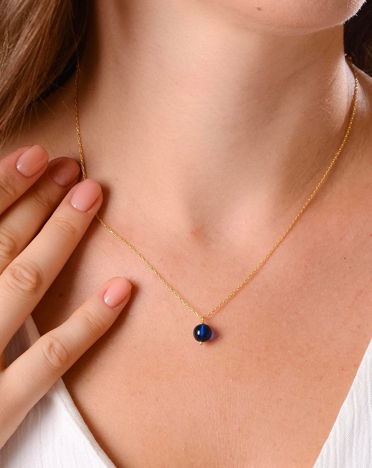 925 Ayar Gümüş Mavi Kehribar Kolye