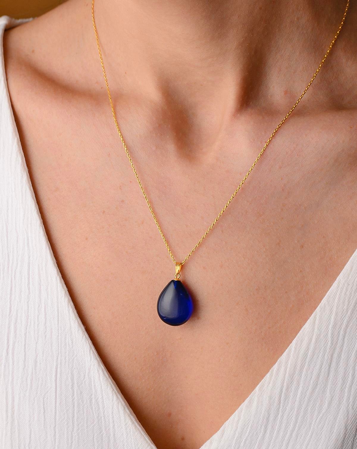 925 Ayar Gümüş Özel Seri Mavi Kehribar Kolye