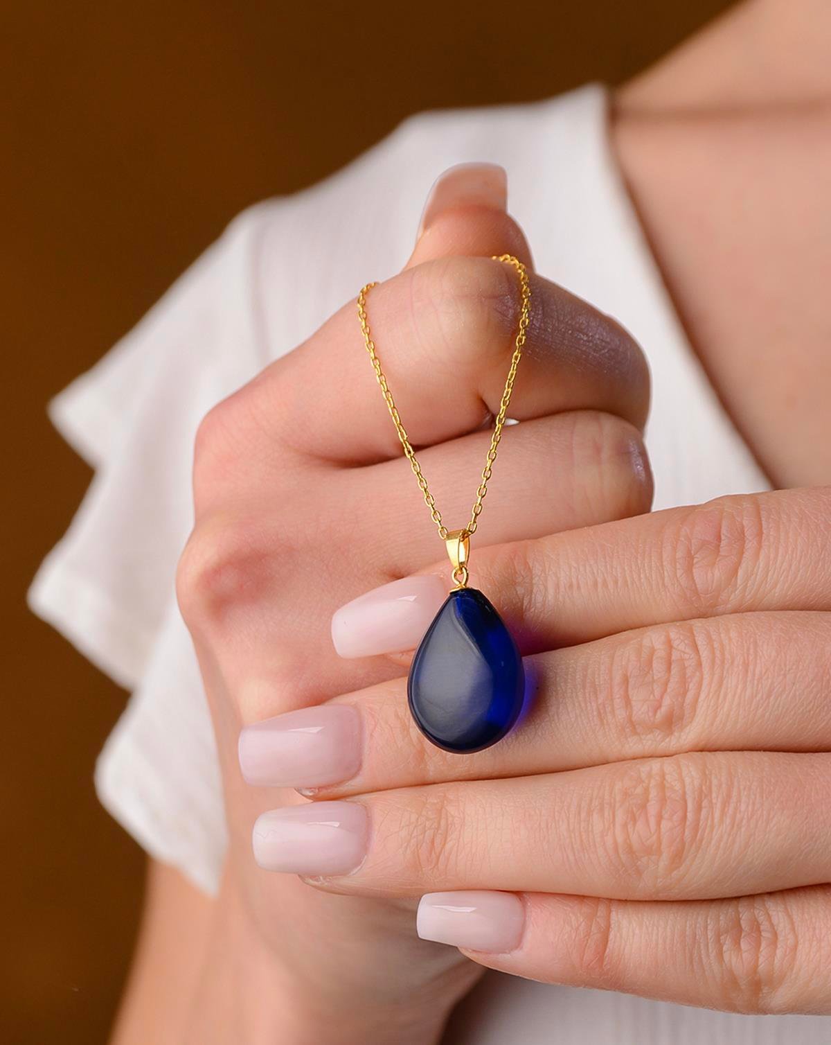 925 Ayar Gümüş Özel Seri Mavi Kehribar Kolye