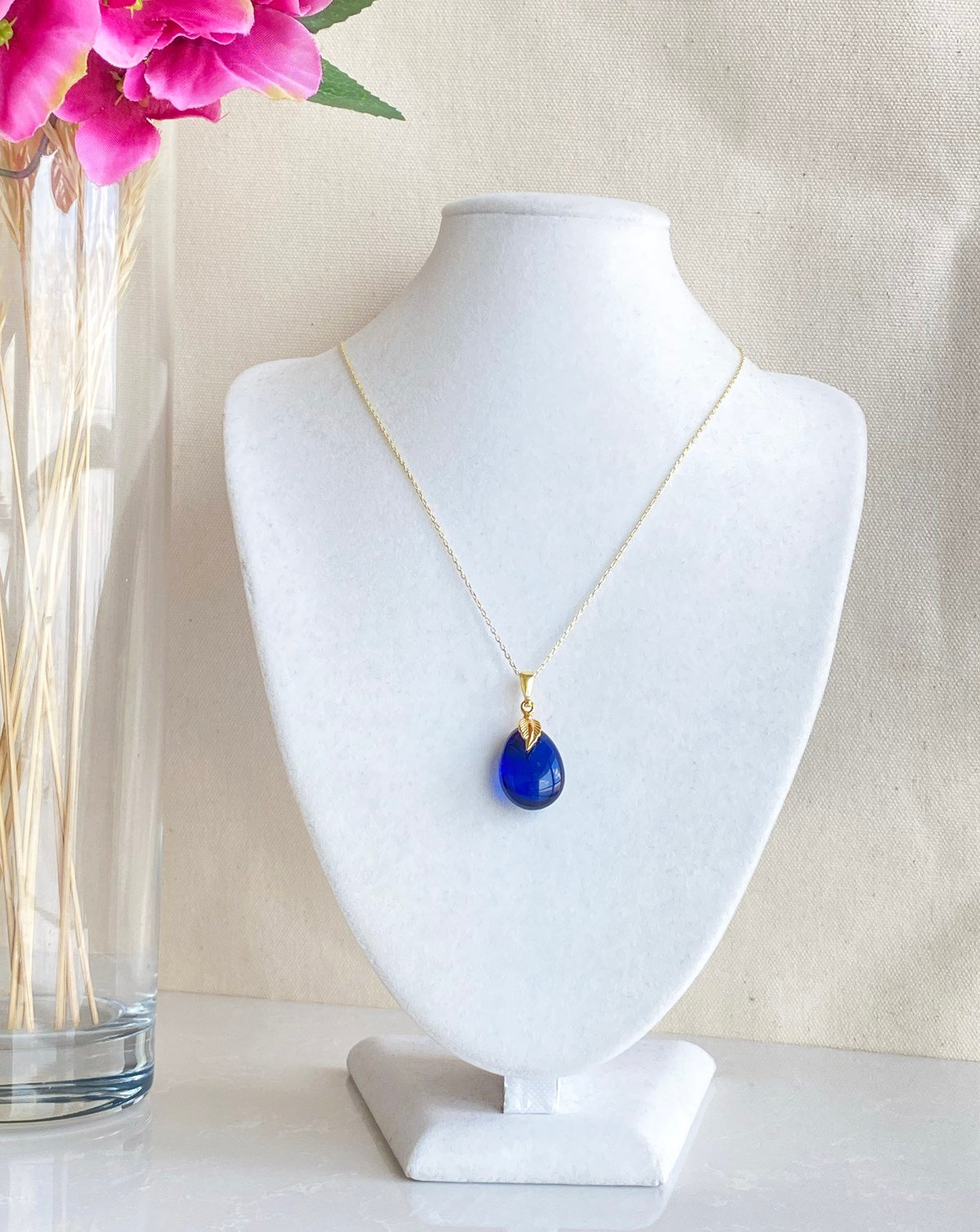 925 Ayar Gümüş Özel Tasarım Mavi Kehribar Kolye