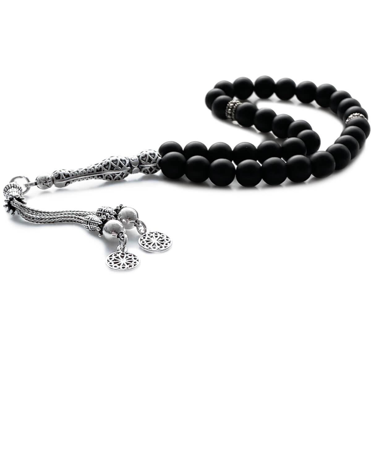 925 Ayar Gümüş Püsküllü Mat Onyx Doğal Taş Tesbih