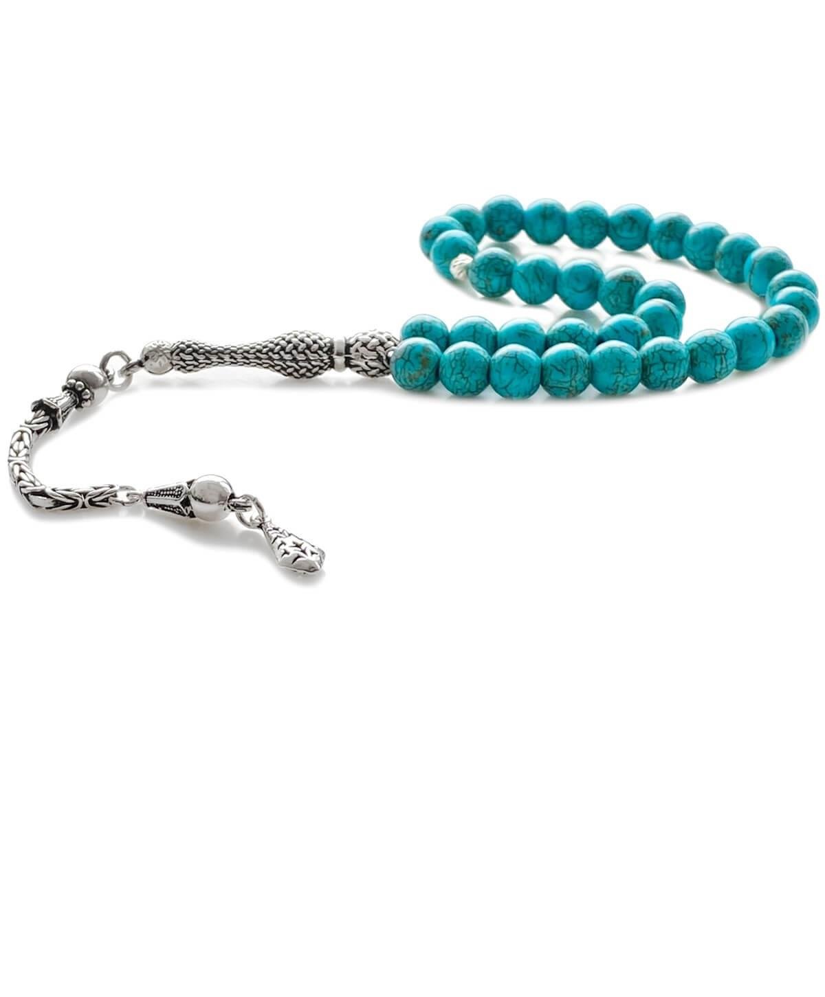 925 Ayar Gümüş Püsküllü Turkuaz Doğal Taş Tesbih