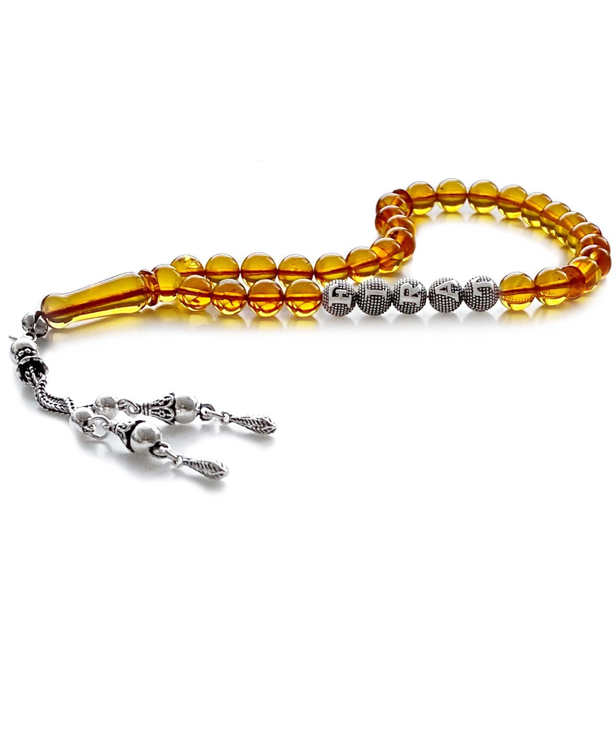 925 Ayar Gümüş İsimli Püsküllü Küre Kesim Baltık Karamel Rengi Damla Kehribar Tesbih