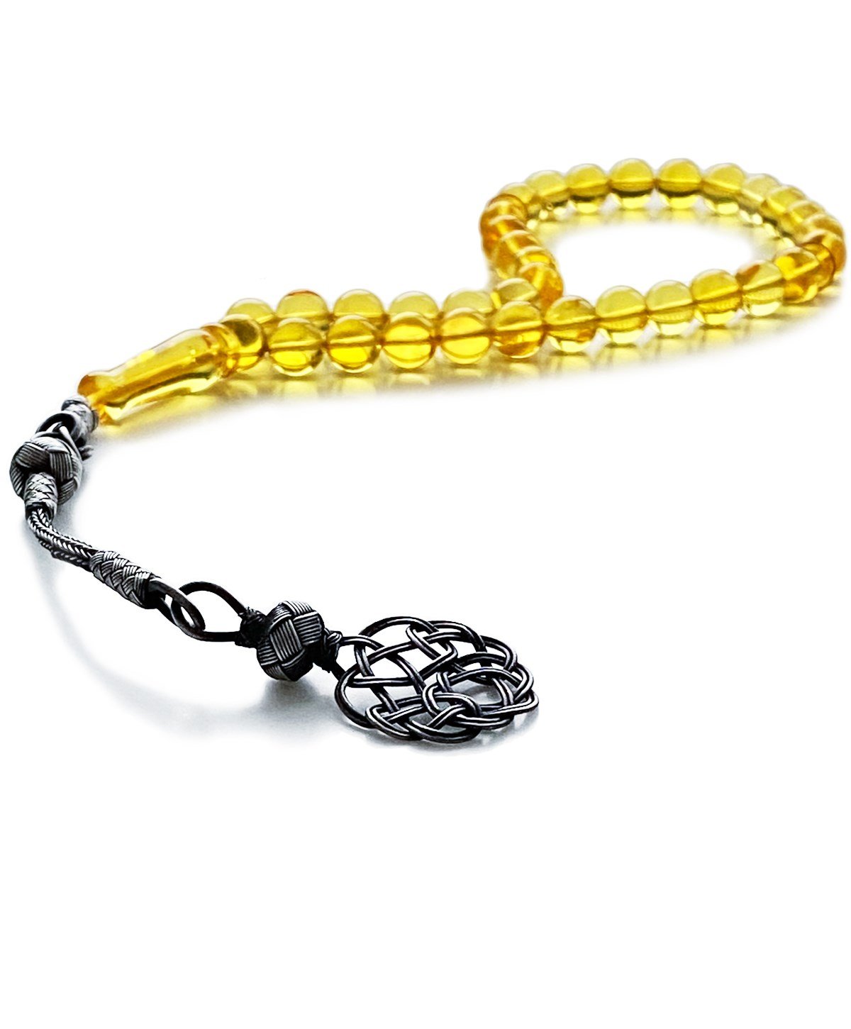 925 Ayar Gümüş Kazaz Püsküllü Küre Kesim Baltık Limon Rengi Damla Kehribar Tesbih