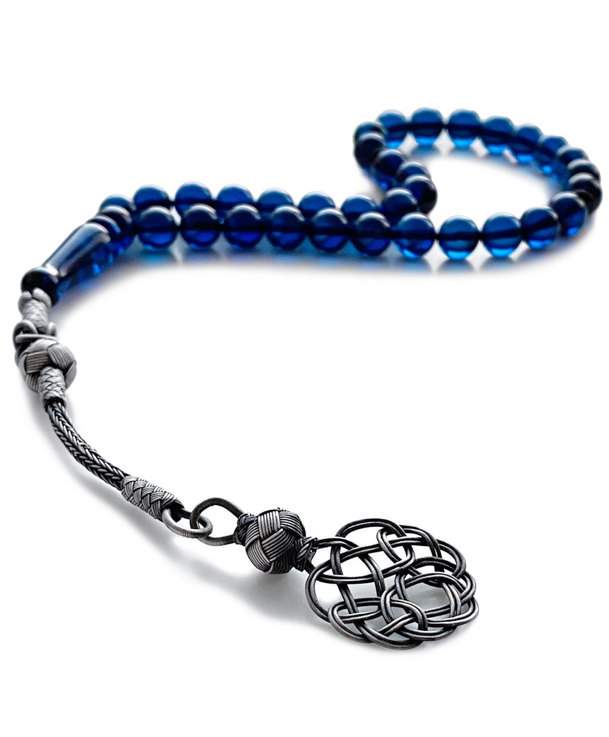 925 Ayar Gümüş Kazaz Püsküllü Küre Kesim Dominik Mavi Damla Kehribar Tesbih