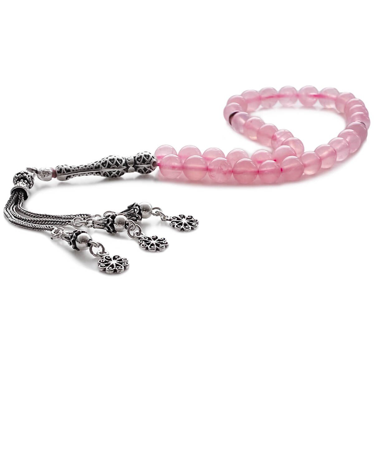 925 Ayar Gümüş Pembe Quartz Doğal Taş Tesbih