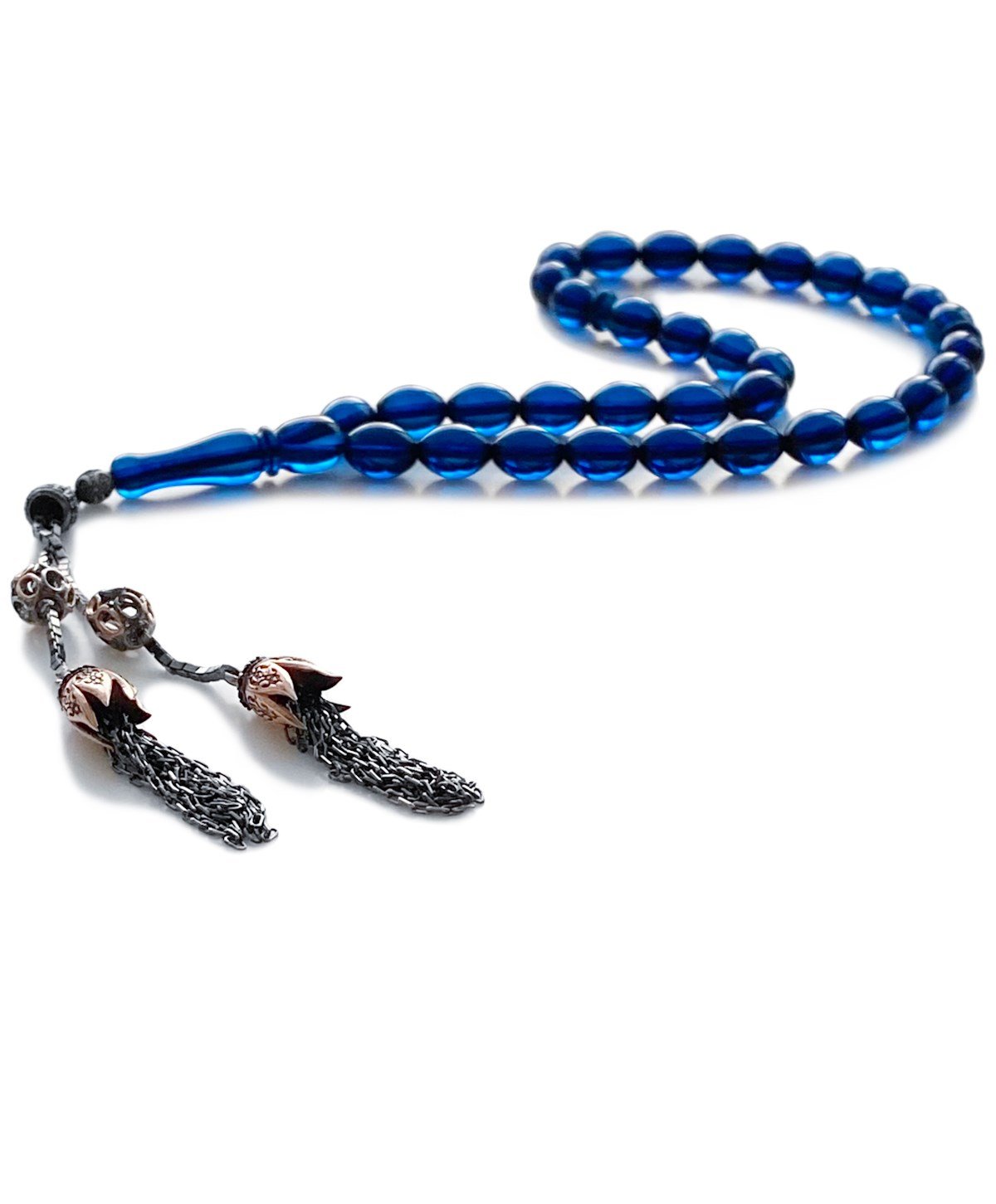 925 Ayar Gümüş Püsküllü Arpa Kesim Dominik Mavi Damla Kehribar Tesbih