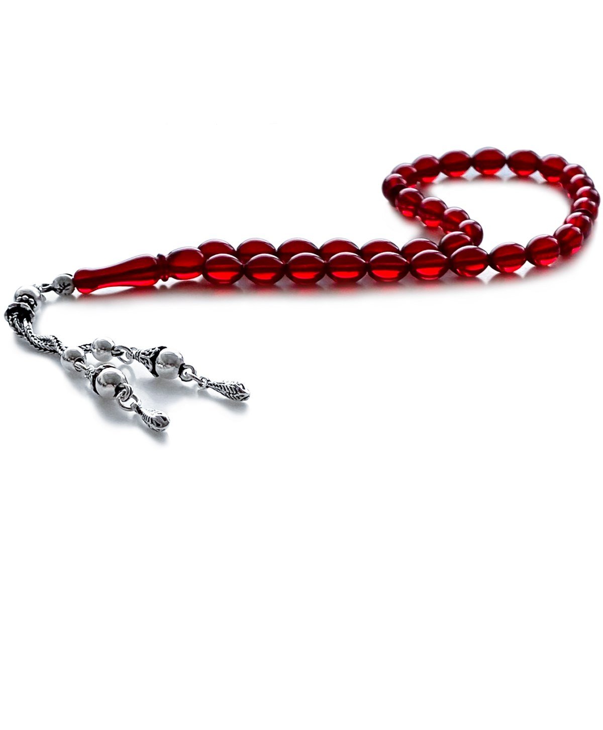 925 Ayar Gümüş Püsküllü Arpa Kesim Dominik Kırmızı Damla Kehribar Tesbih