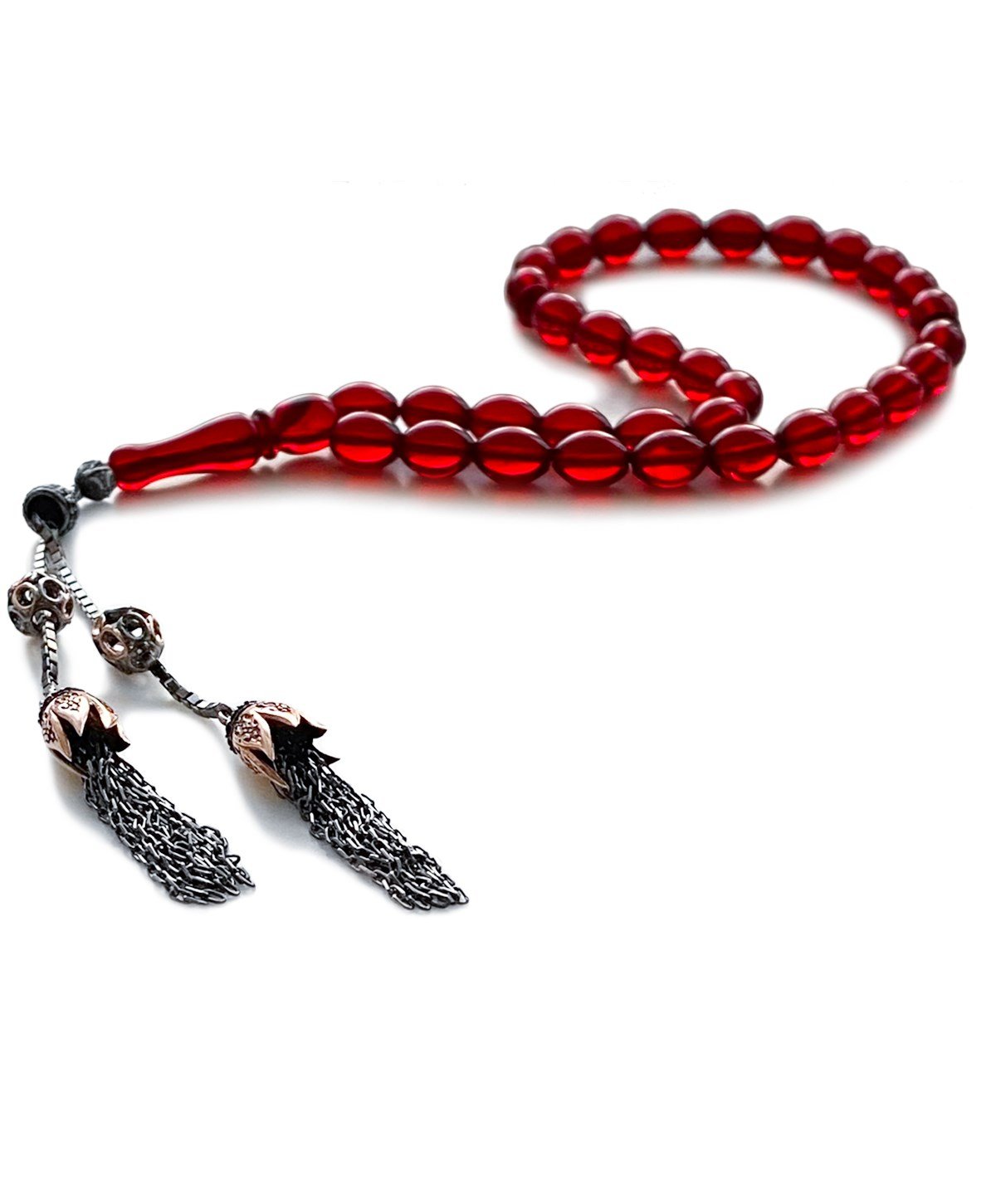 925 Ayar Gümüş Püsküllü Arpa Kesim Dominik Kırmızı Damla Kehribar Tesbih