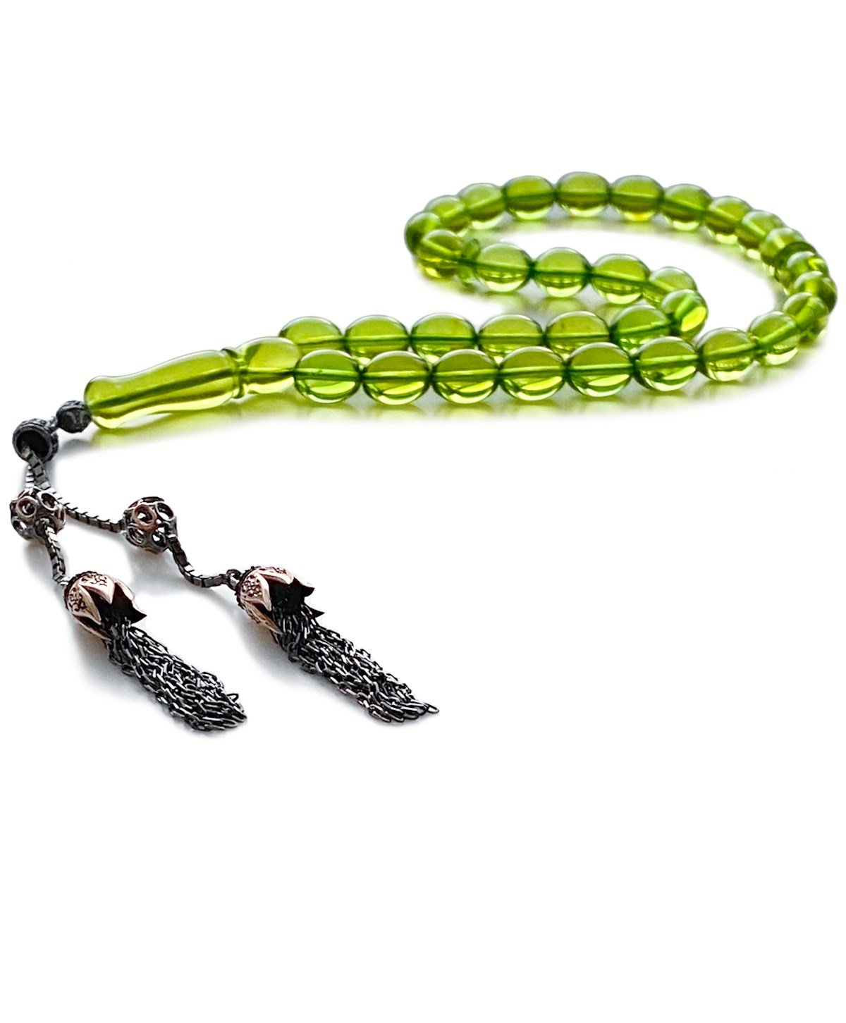 925 Ayar Gümüş Püsküllü Arpa Kesim Karayip Damla Kehribar Tesbih