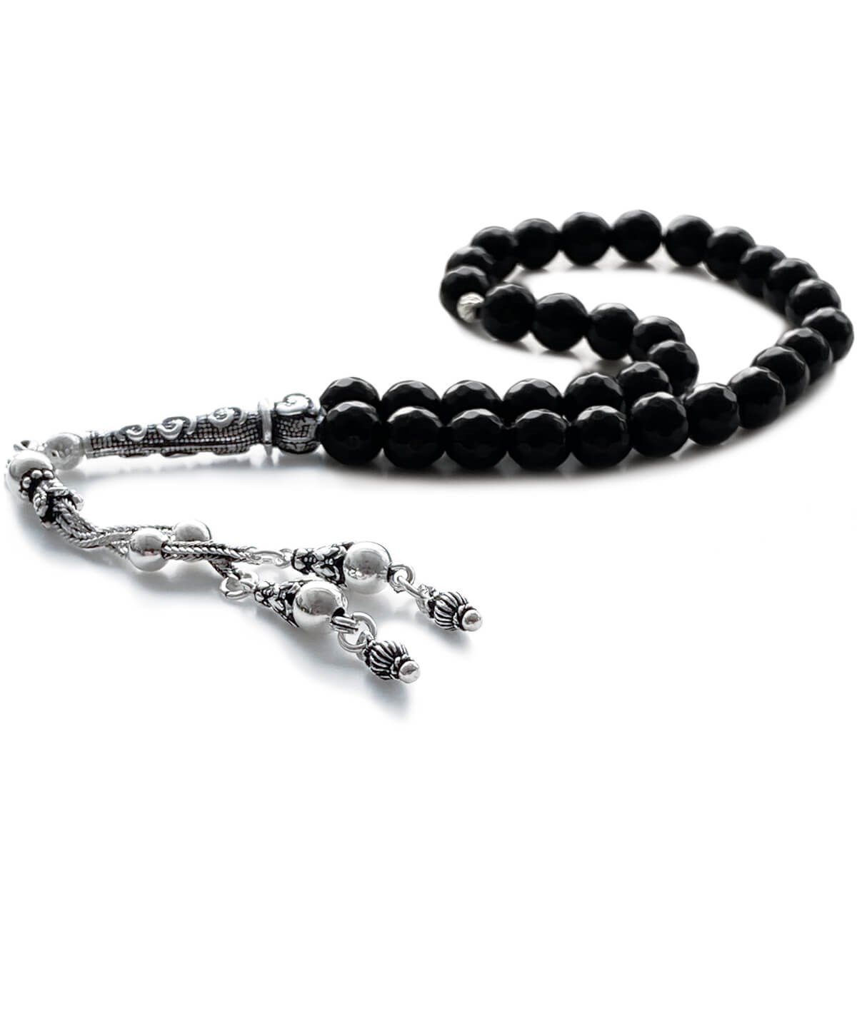 925 Ayar Gümüş Püsküllü Fasetli Onyx Doğal Taş Tesbih