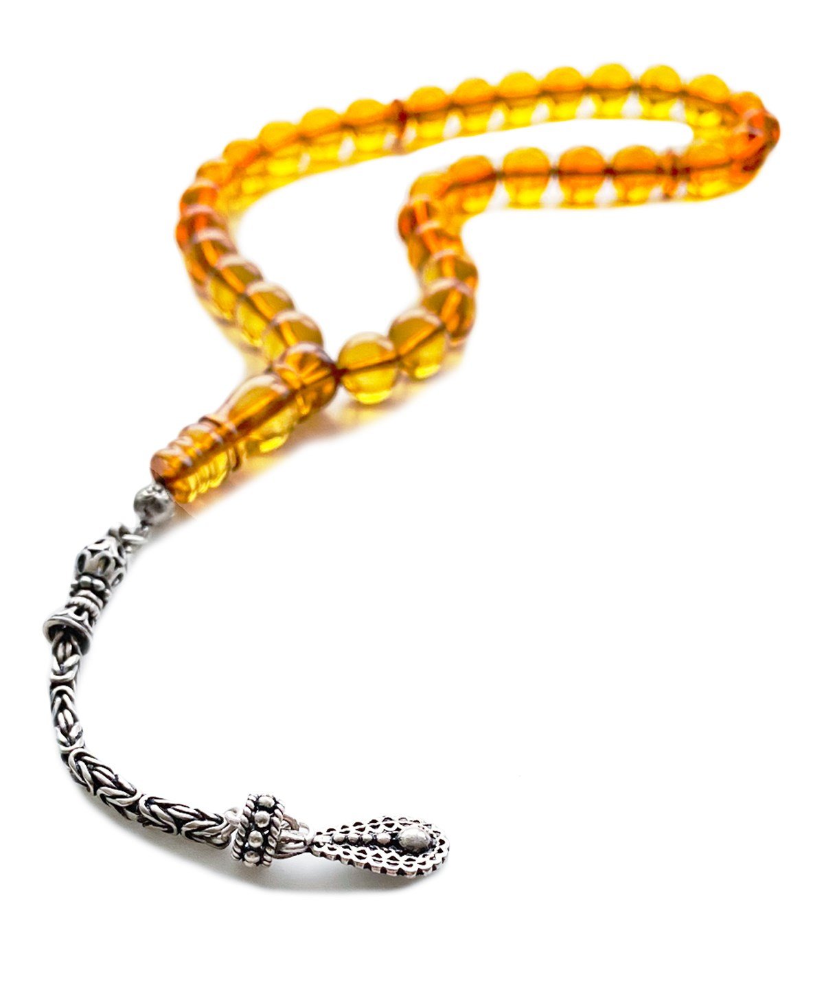 925 Ayar Gümüş Püsküllü Küre Kesim Baltık Karamel Rengi Damla Kehribar Tesbih