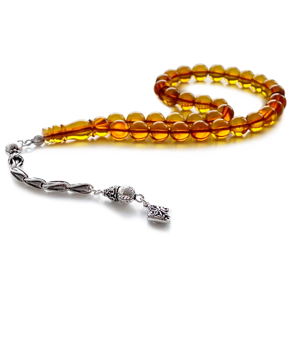 925 Ayar Gümüş Püsküllü Küre Kesim Baltık Karamel Rengi Damla Kehribar Tesbih