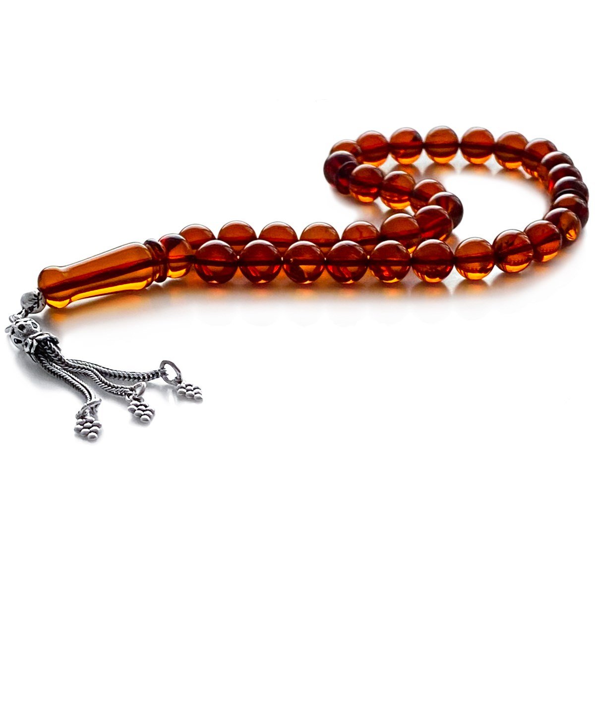 925 Ayar Gümüş Püsküllü Küre Kesim Baltık Vişne Rengi Damla Kehribar Tesbih