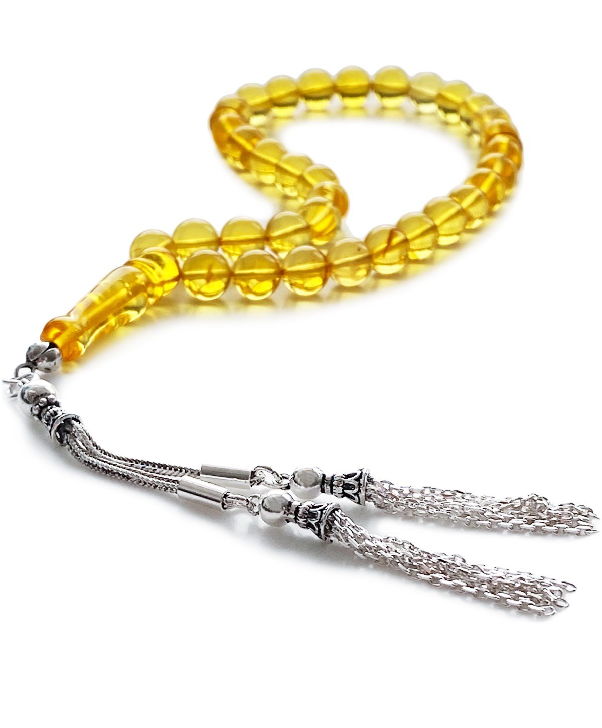 925 Ayar Gümüş Püsküllü Küre Kesim Baltık Limon Rengi Damla Kehribar Tesbih