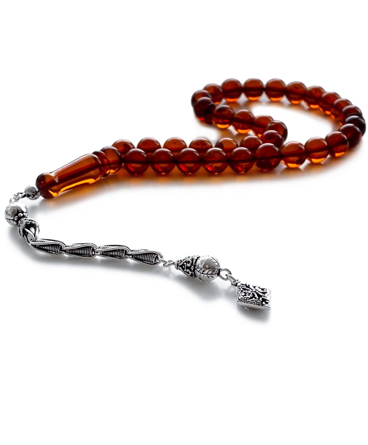 925 Ayar Gümüş Püsküllü Küre Kesim Baltık Vişne Rengi Damla Kehribar Tesbih