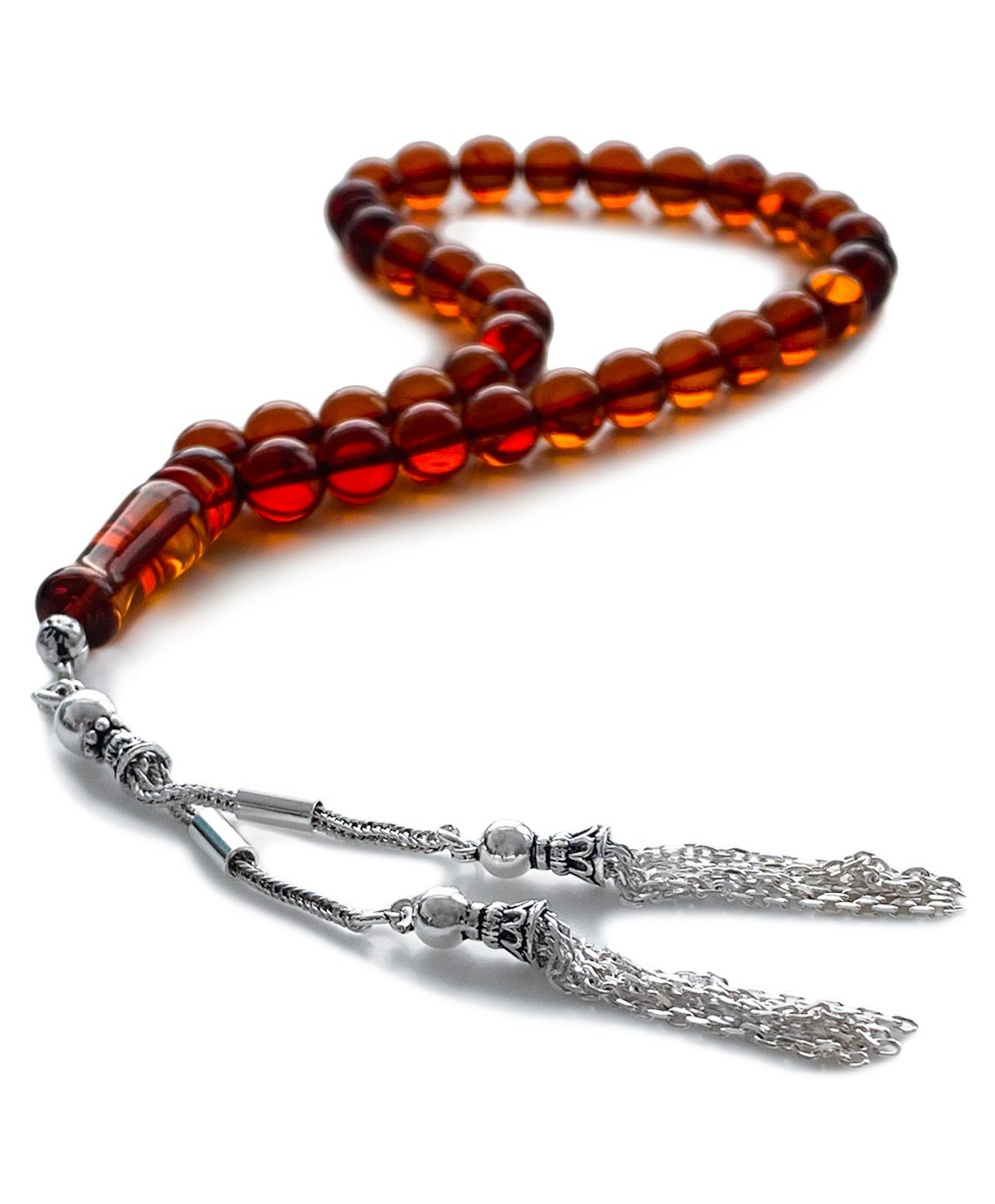 925 Ayar Gümüş Püsküllü Küre Kesim Baltık Vişne Rengi Damla Kehribar Tesbih