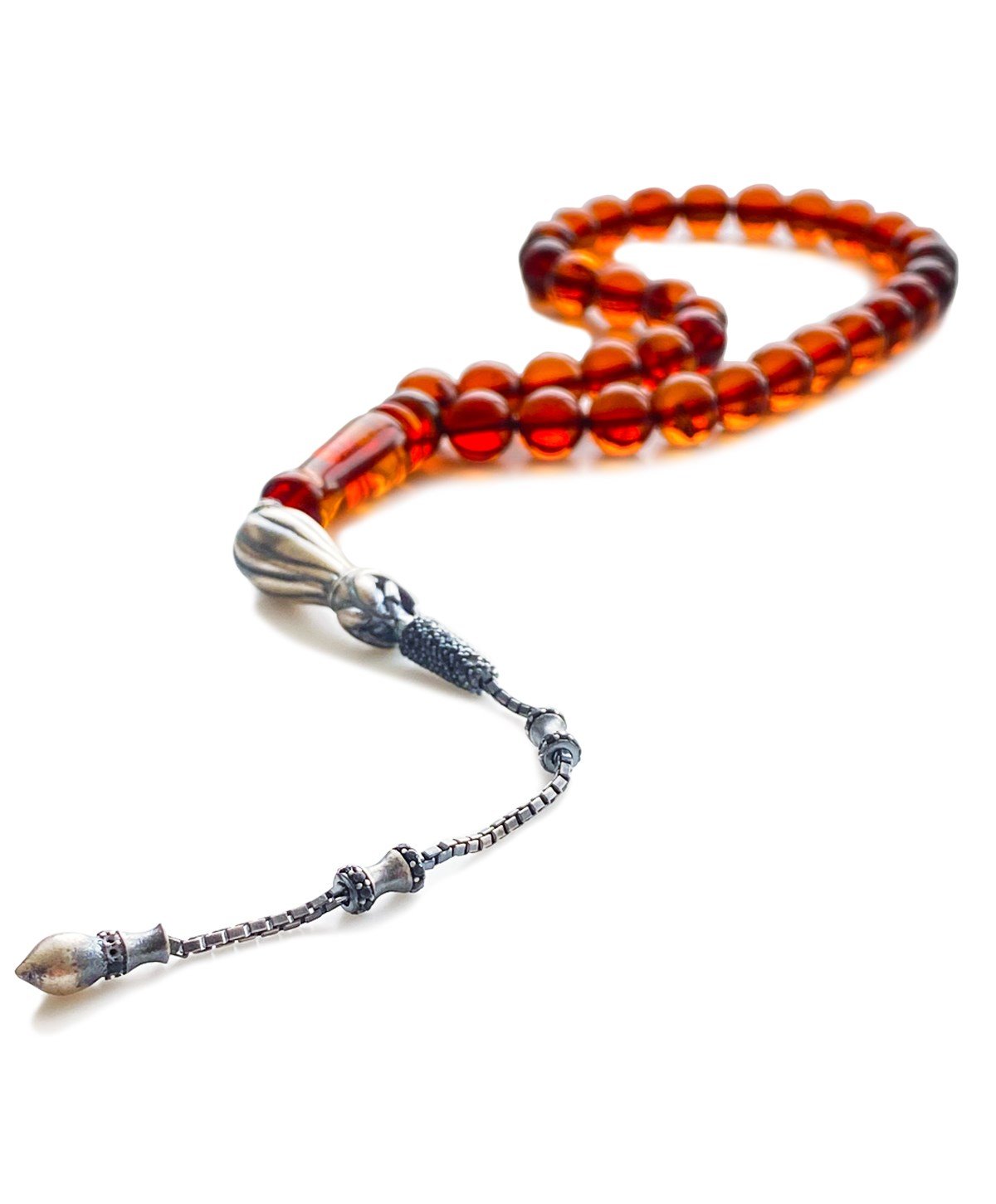 925 Ayar Gümüş Püsküllü Küre Kesim Baltık Vişne Rengi Damla Kehribar Tesbih