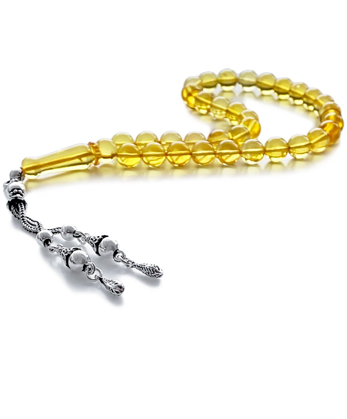 925 Ayar Gümüş Püsküllü Küre Kesim Baltık Limon Rengi Damla Kehribar Tesbih