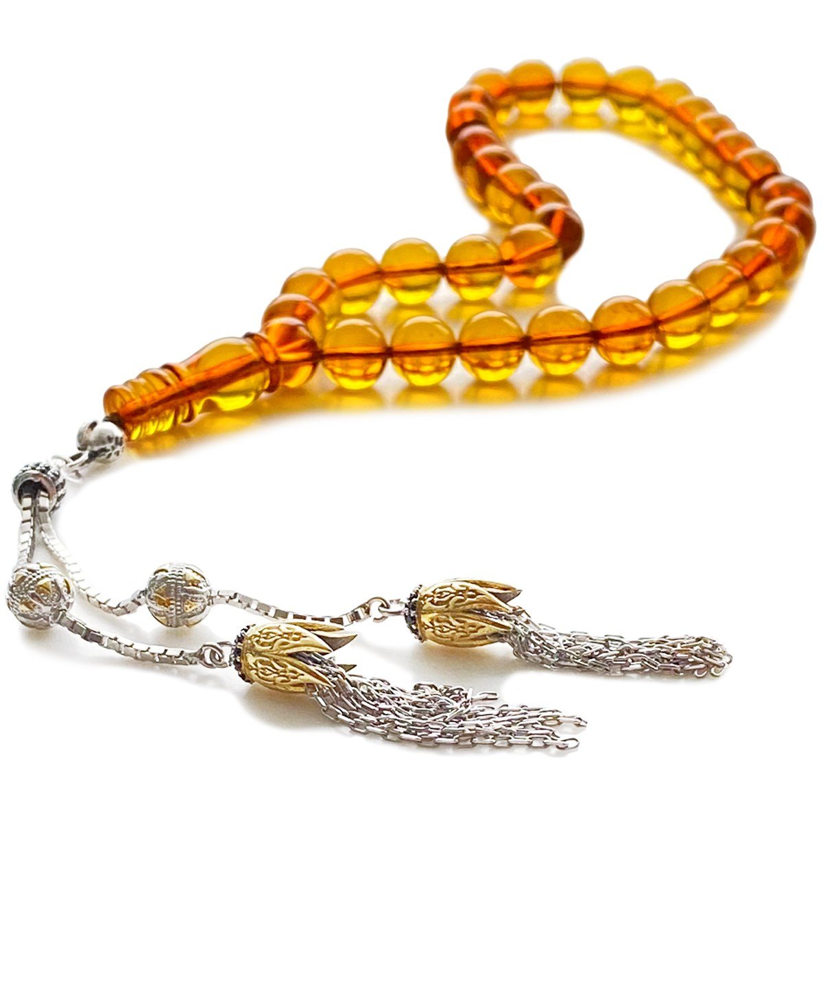 925 Ayar Gümüş Püsküllü Küre Kesim Baltık Karamel Rengi Damla Kehribar Tesbih