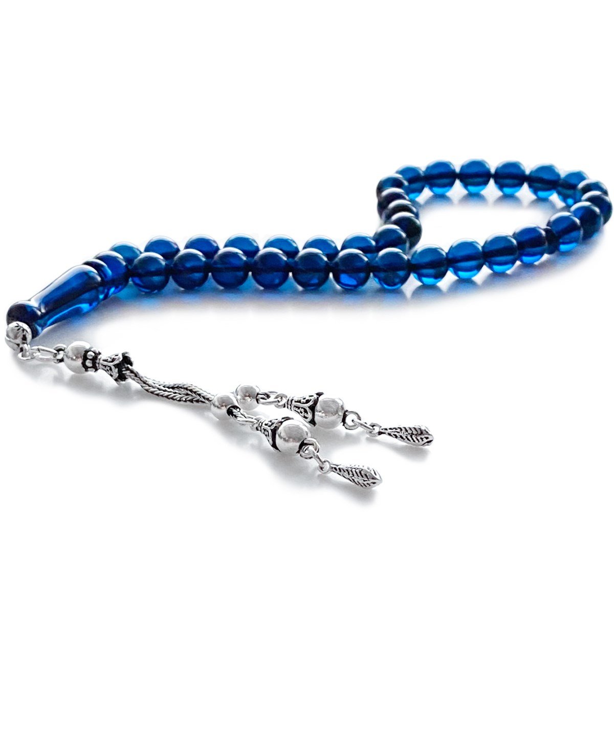 925 Ayar Gümüş Püsküllü Küre Kesim Dominik Mavi Damla Kehribar Tesbih