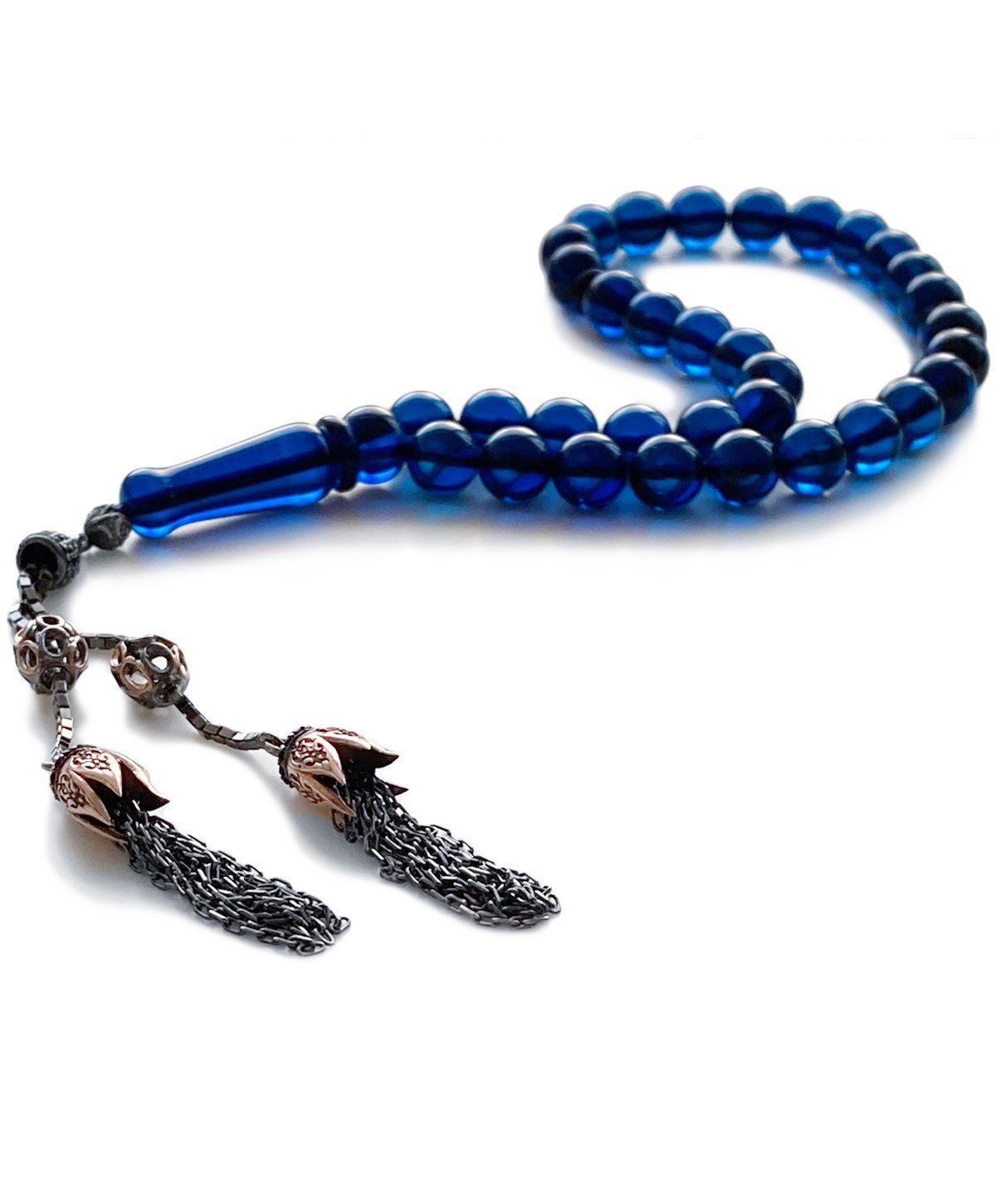 925 Ayar Gümüş Püsküllü Küre Kesim Dominik Mavi Damla Kehribar Tesbih