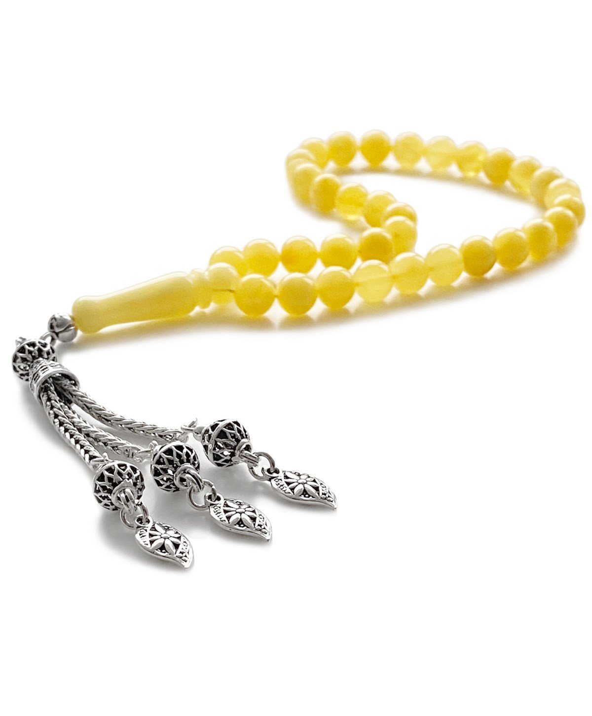 925 Ayar Gümüş Püsküllü Küre Kesim Mat Sarı Baltık Damla Kehribar Tesbih