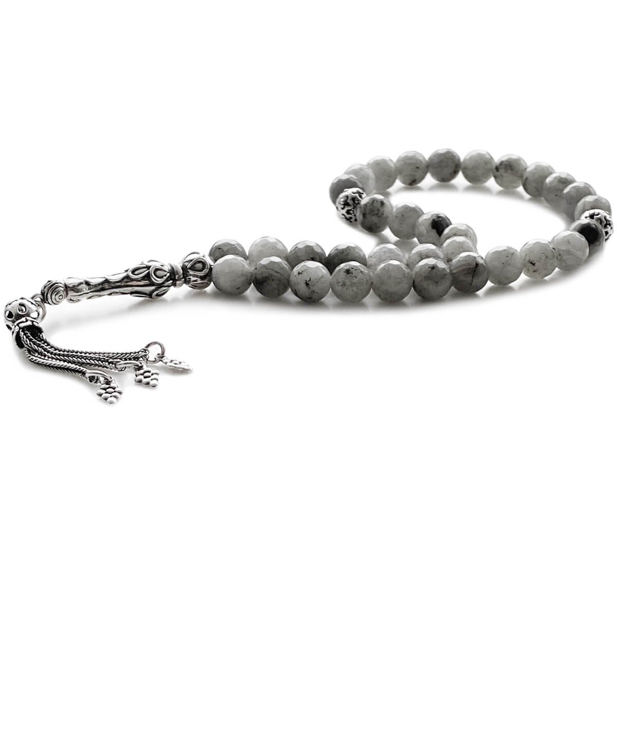 925 Ayar Gümüş Püsküllü Labradorit Doğal Taş Tesbih