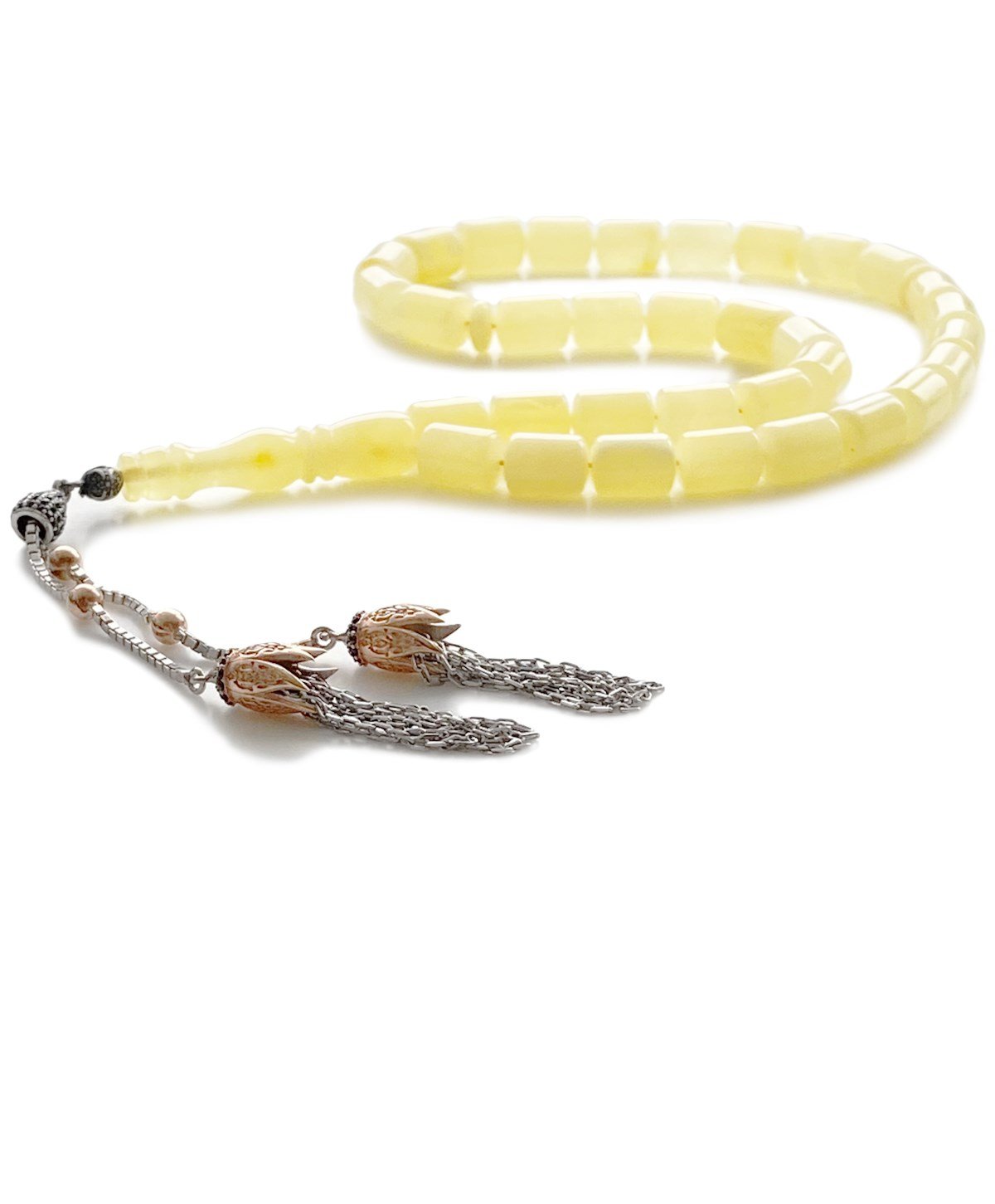 925 Ayar Gümüş Püsküllü Silindir Kesim Mat Sarı Baltık Damla Kehribar Tesbih