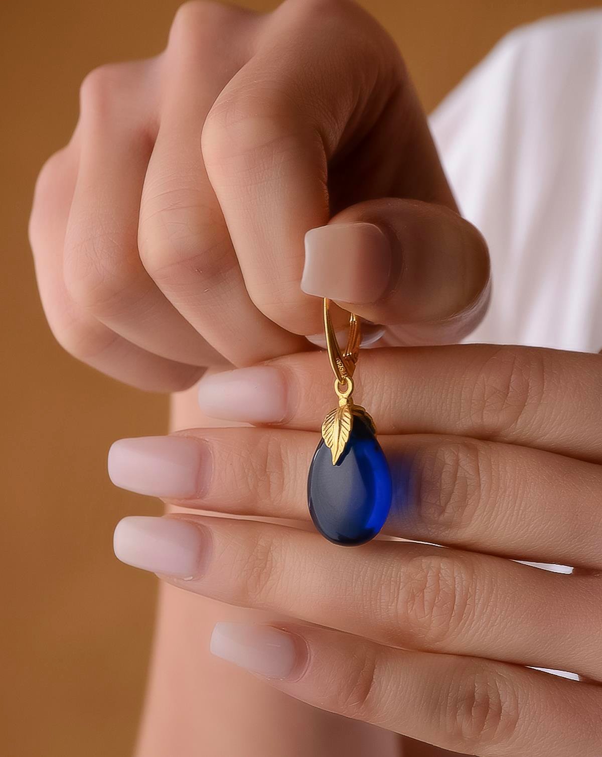 925 Ayar Yaprak Tasarım Gümüş Mavi Kehribar Küpe