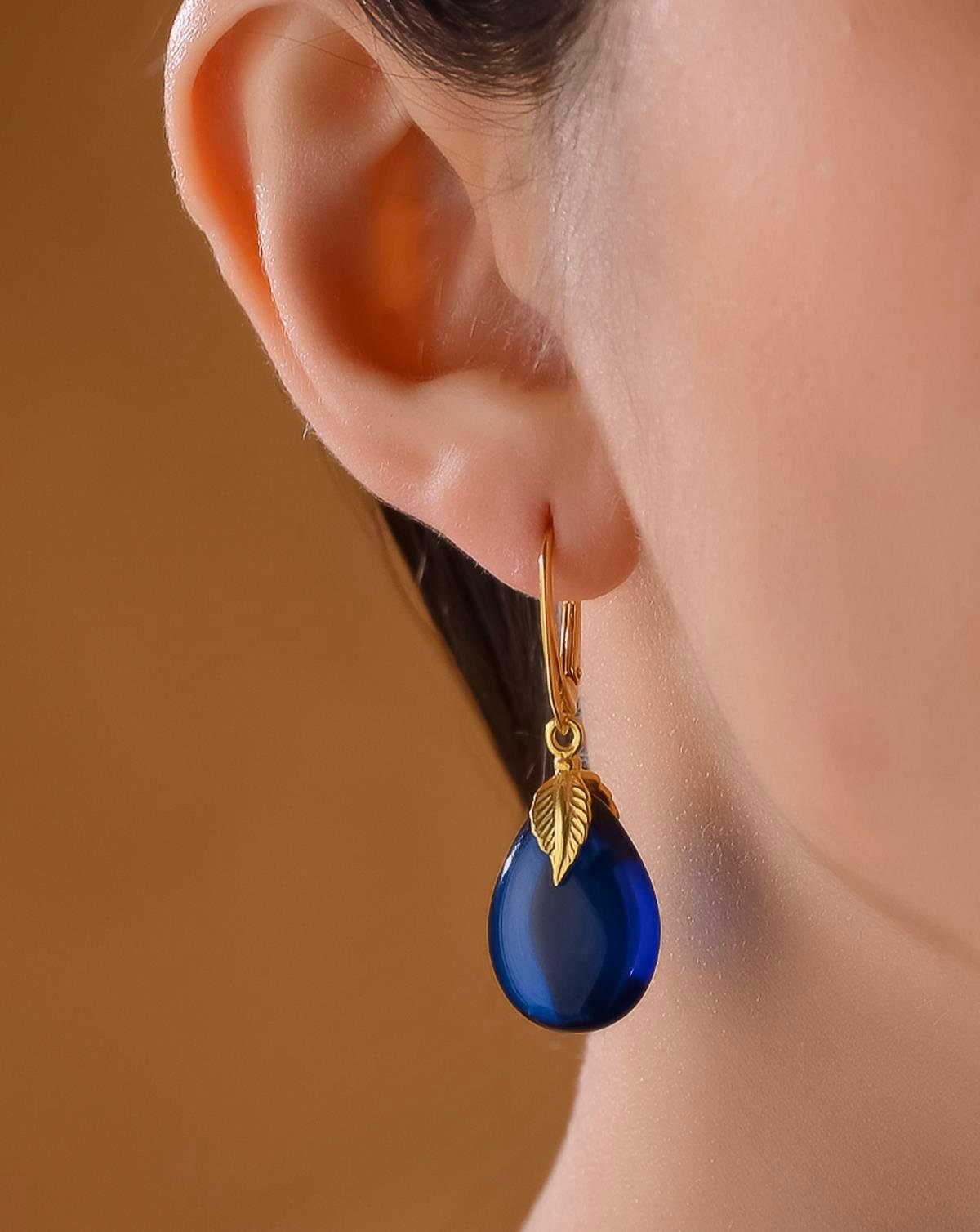 925 Ayar Yaprak Tasarım Gümüş Mavi Kehribar Küpe