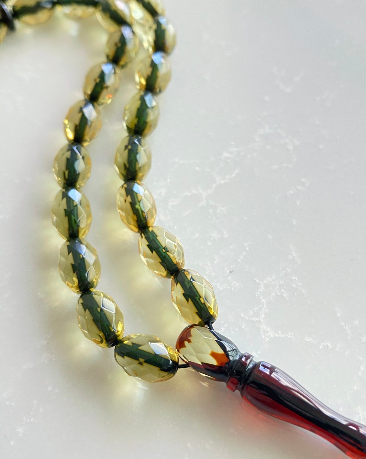 9x7 mm Arpa Kesim Fasetli Kehribar Tesbih