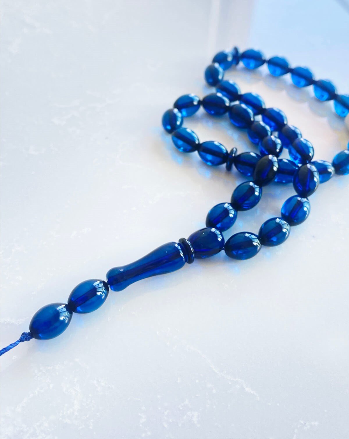 9x7mm Arpa Kesim Dominik Mavi Damla Kehribar Tesbih