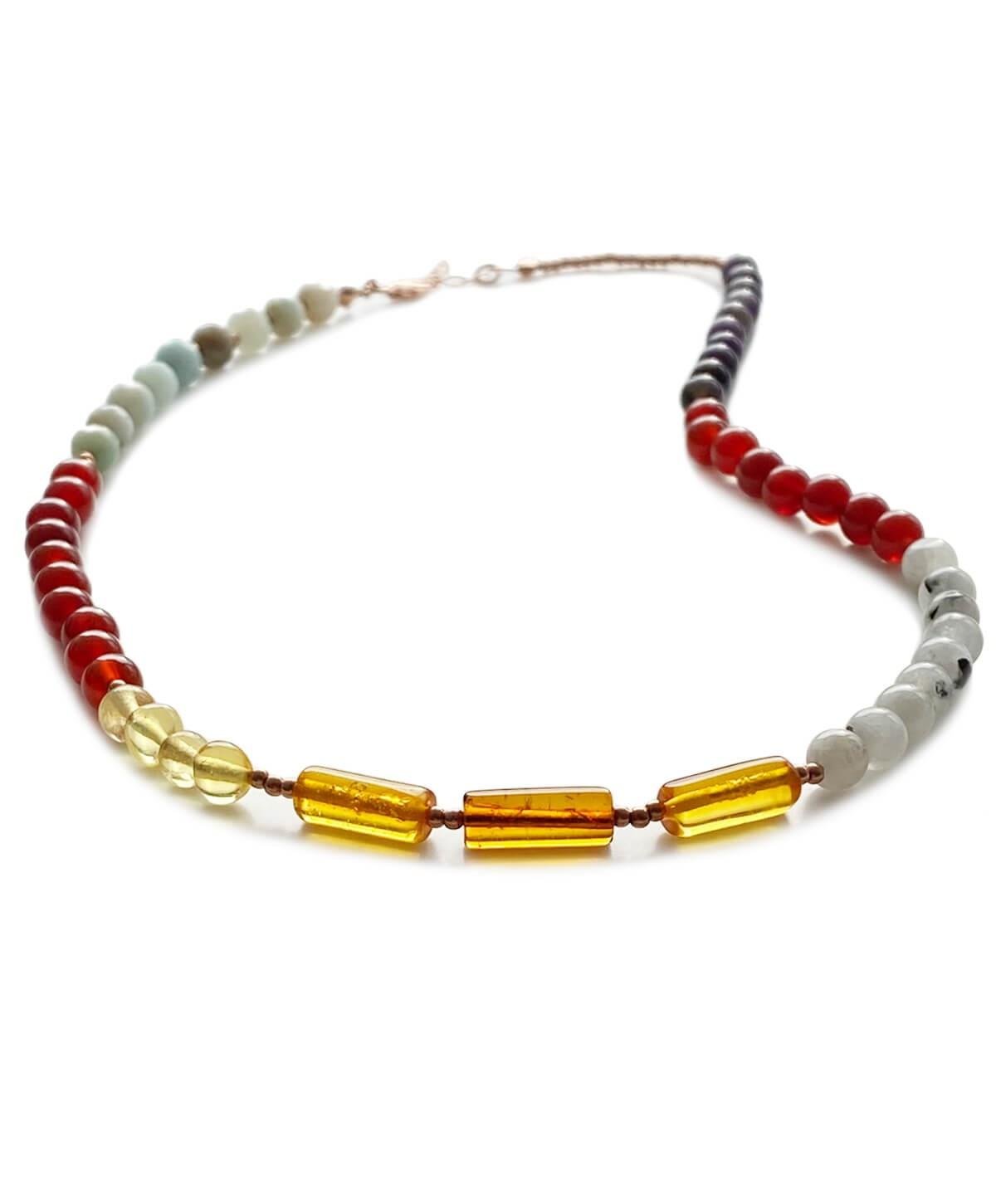 Akik Amazonit Ametist Ay Taşı Karamel ve Limon Rengi Kehribar Kolye