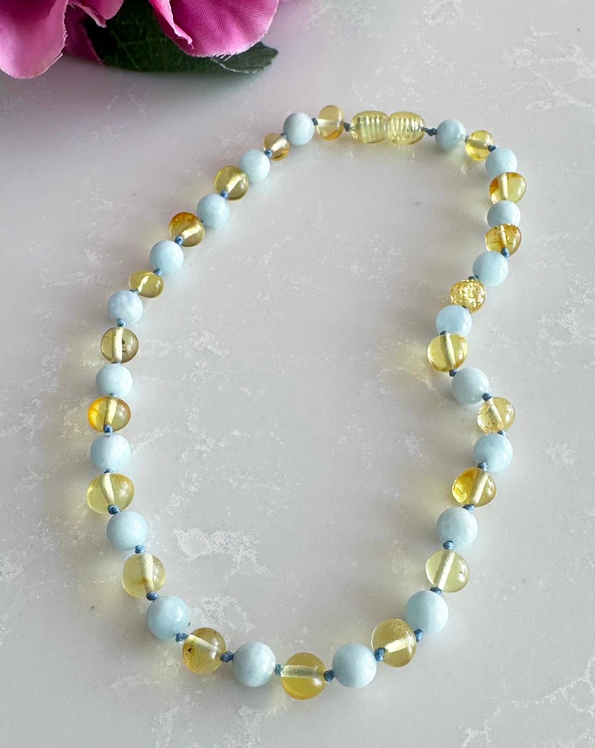 Akuamarin Taşlı Limon Rengi Kehribar Kolye