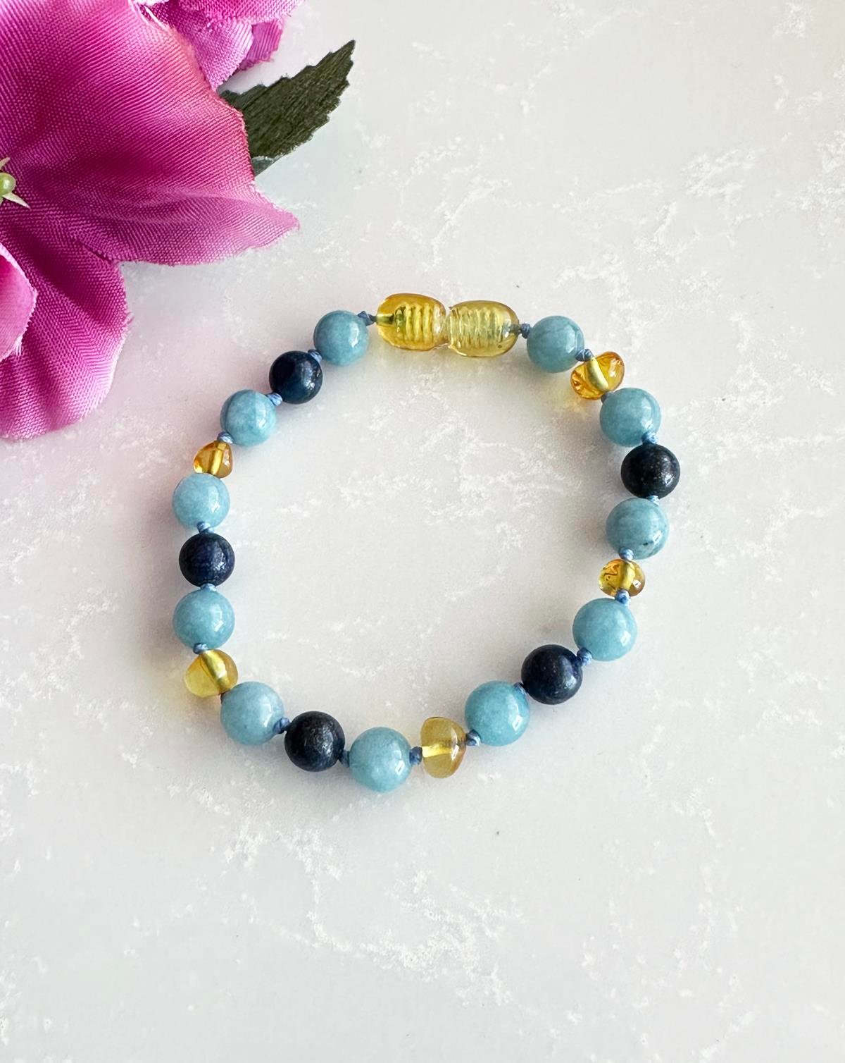 Akuamarin Taşlı Bal Rengi Kehribar Bileklik