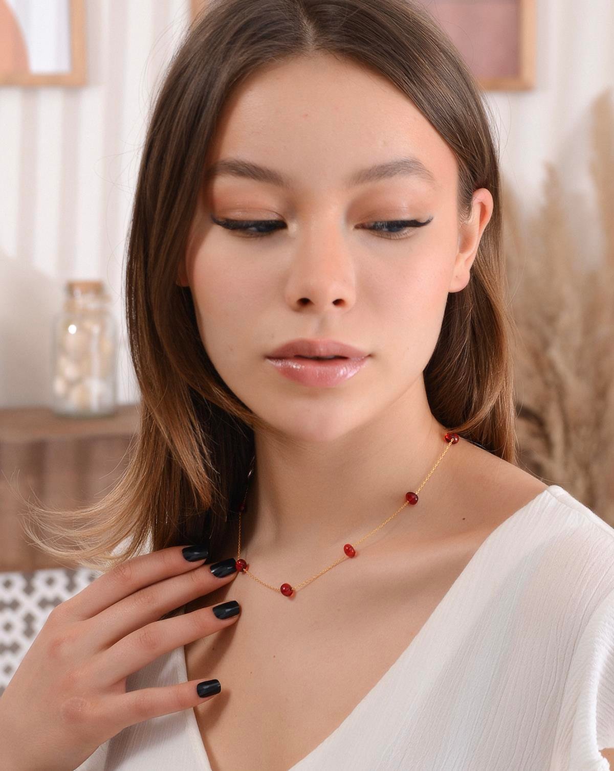 Altın Kaplama 925 Ayar Gümüş Kırmızı Kehribar Kolye