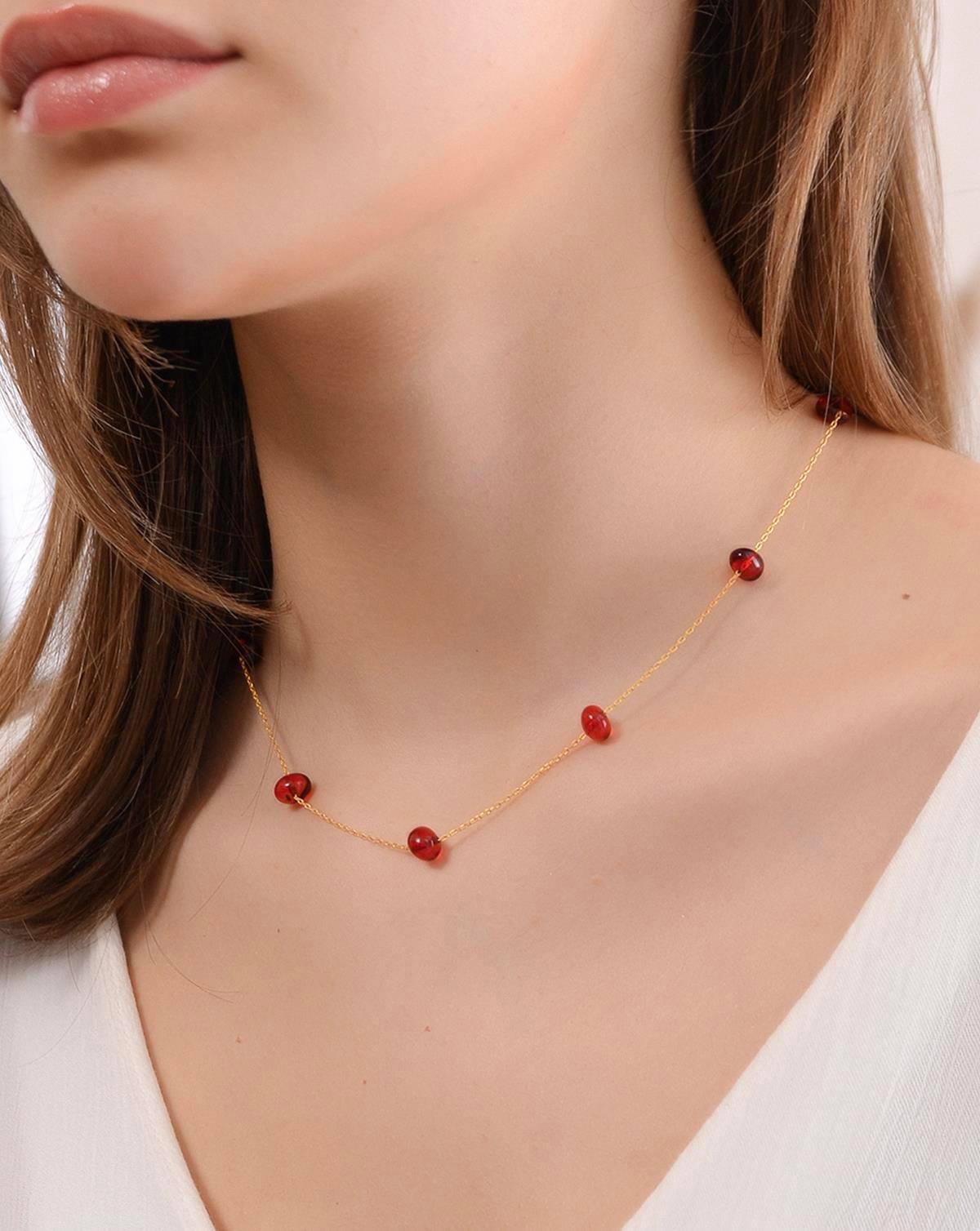 Altın Kaplama 925 Ayar Gümüş Kırmızı Kehribar Kolye