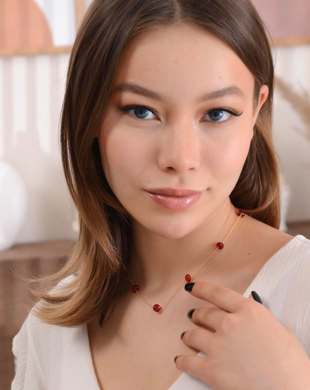 Altın Kaplama 925 Ayar Gümüş Kırmızı Kehribar Kolye