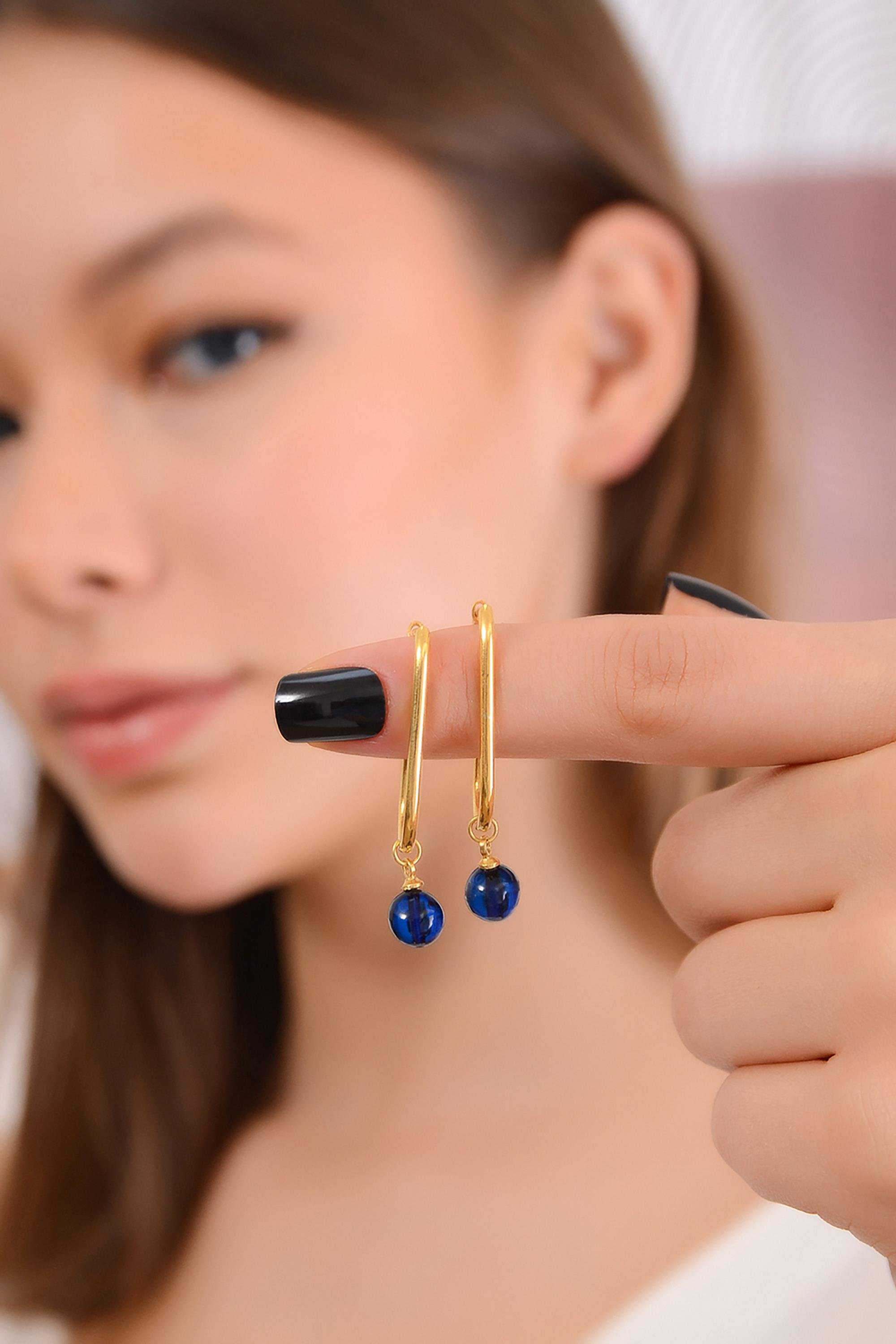 Altın Kaplama 925 Ayar Gümüş Mavi Kehribar Küpe