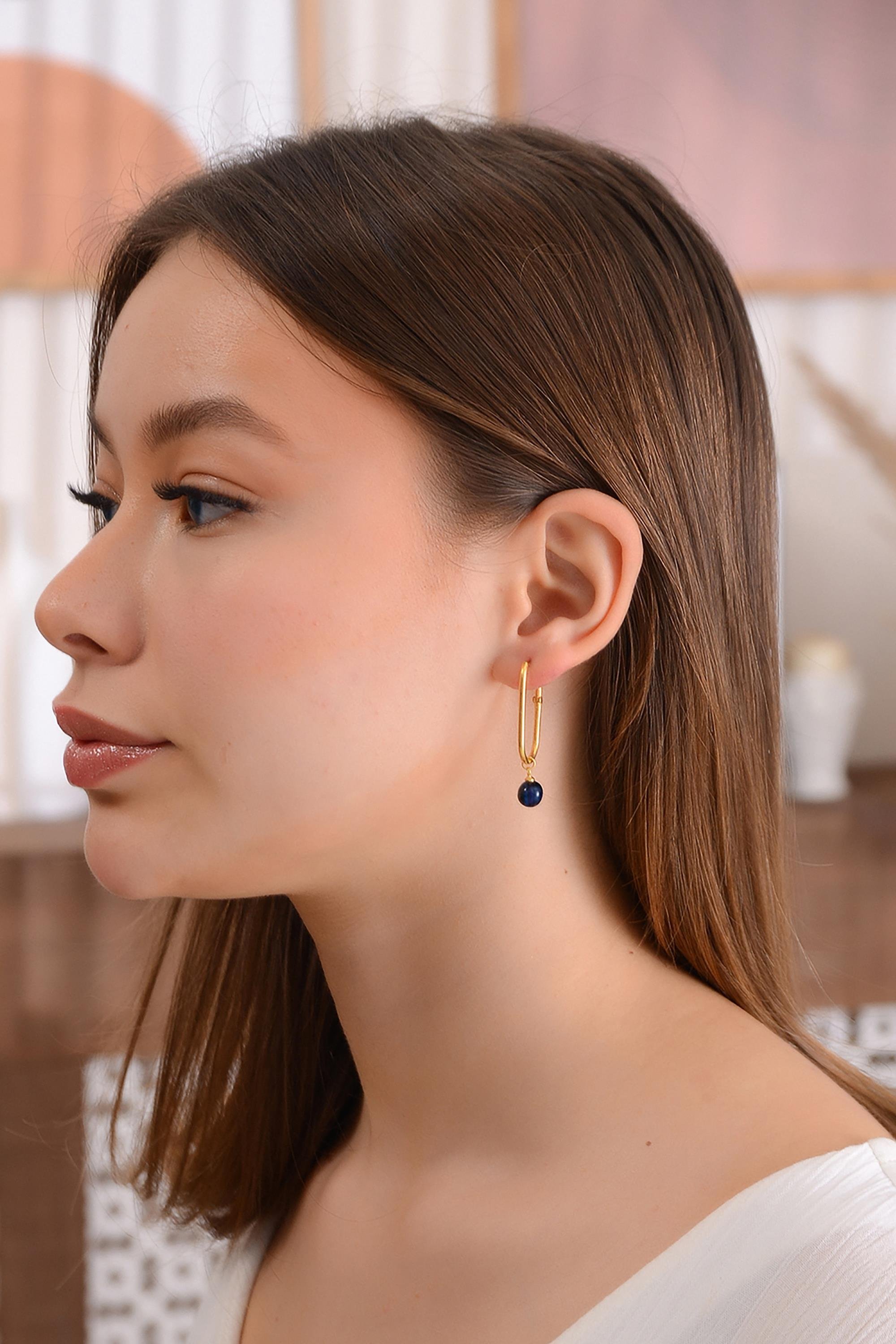 Altın Kaplama 925 Ayar Gümüş Mavi Kehribar Küpe