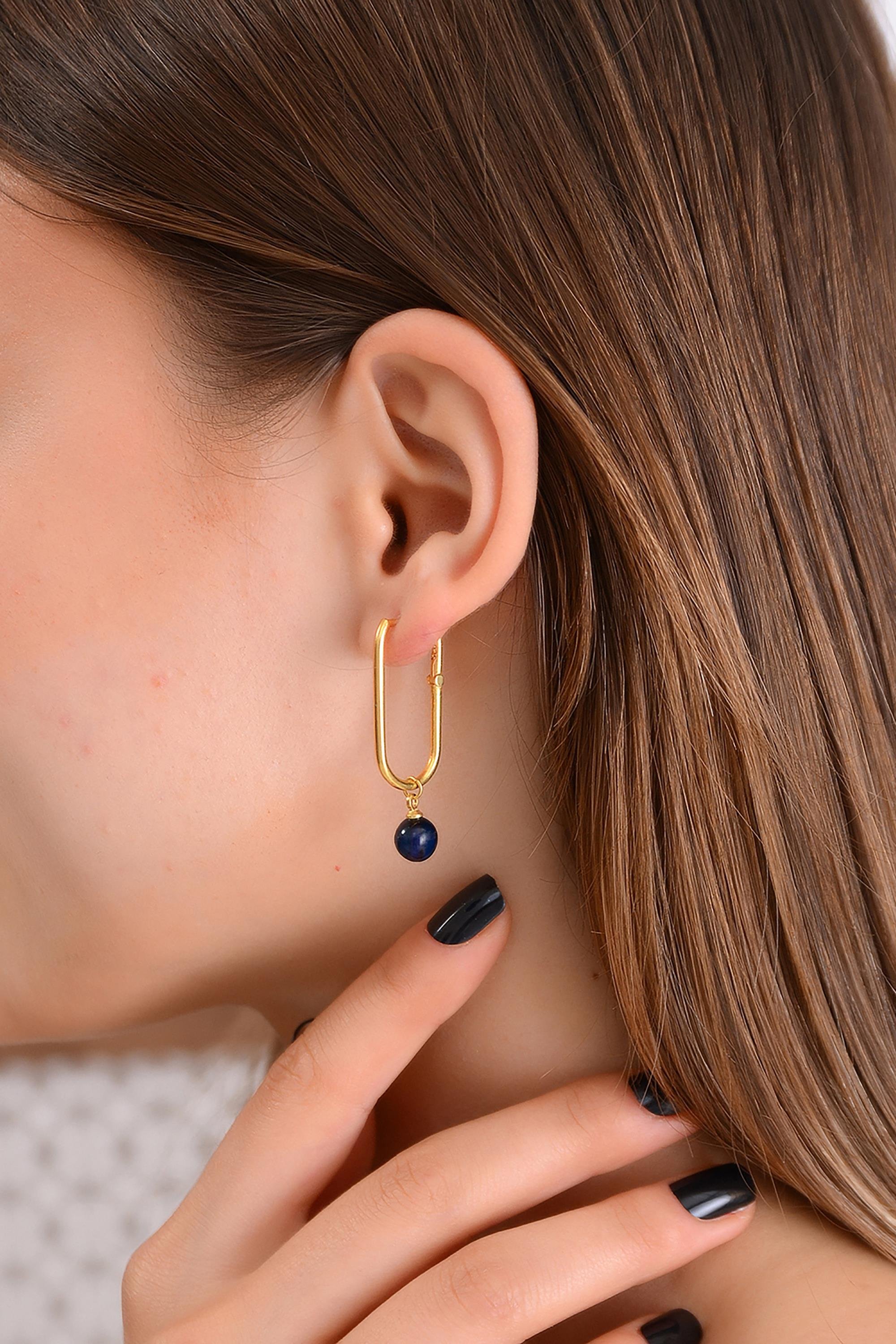 Altın Kaplama 925 Ayar Gümüş Mavi Kehribar Küpe